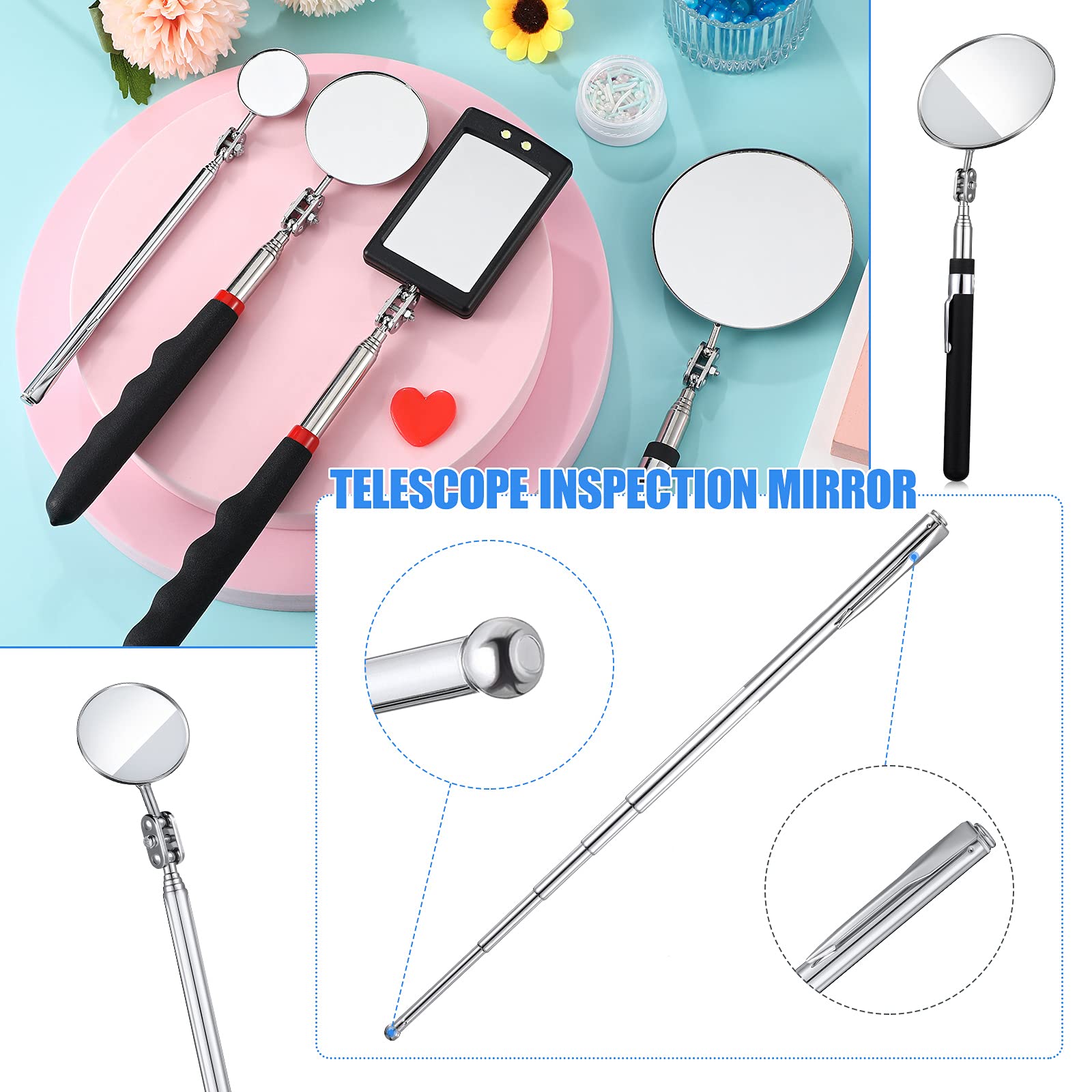 BBTO 4 Pieces Telescoping Inspection Mirror Telescoping LED Lighted Flexible Inspection Mirror Mirror Inspection Tool for Checking Observing Vehicle Small Parts (Elegant Style)