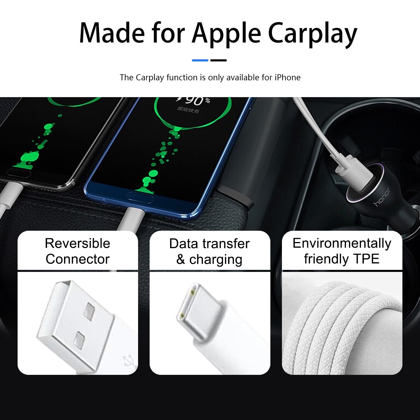 Compatible Car Carplay Cable for Apple 60W USB-C Woven Charger Charging Cord for iPhone 16 15 iPhone 15 Pro Max 15 Plus,AirPods 4, AirPods Pro 2nd,iPad 10th iPad Pro iPad Air USB A to USB C Cable Wire