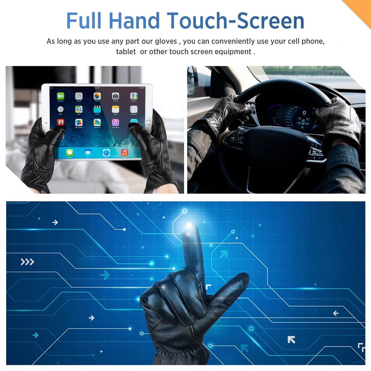 Alepo Genuine Sheepskin Leather Gloves For Men, Winter Warm Touchscreen Texting Cashmere Lined Driving Motorcycle Gloves (Black-L)