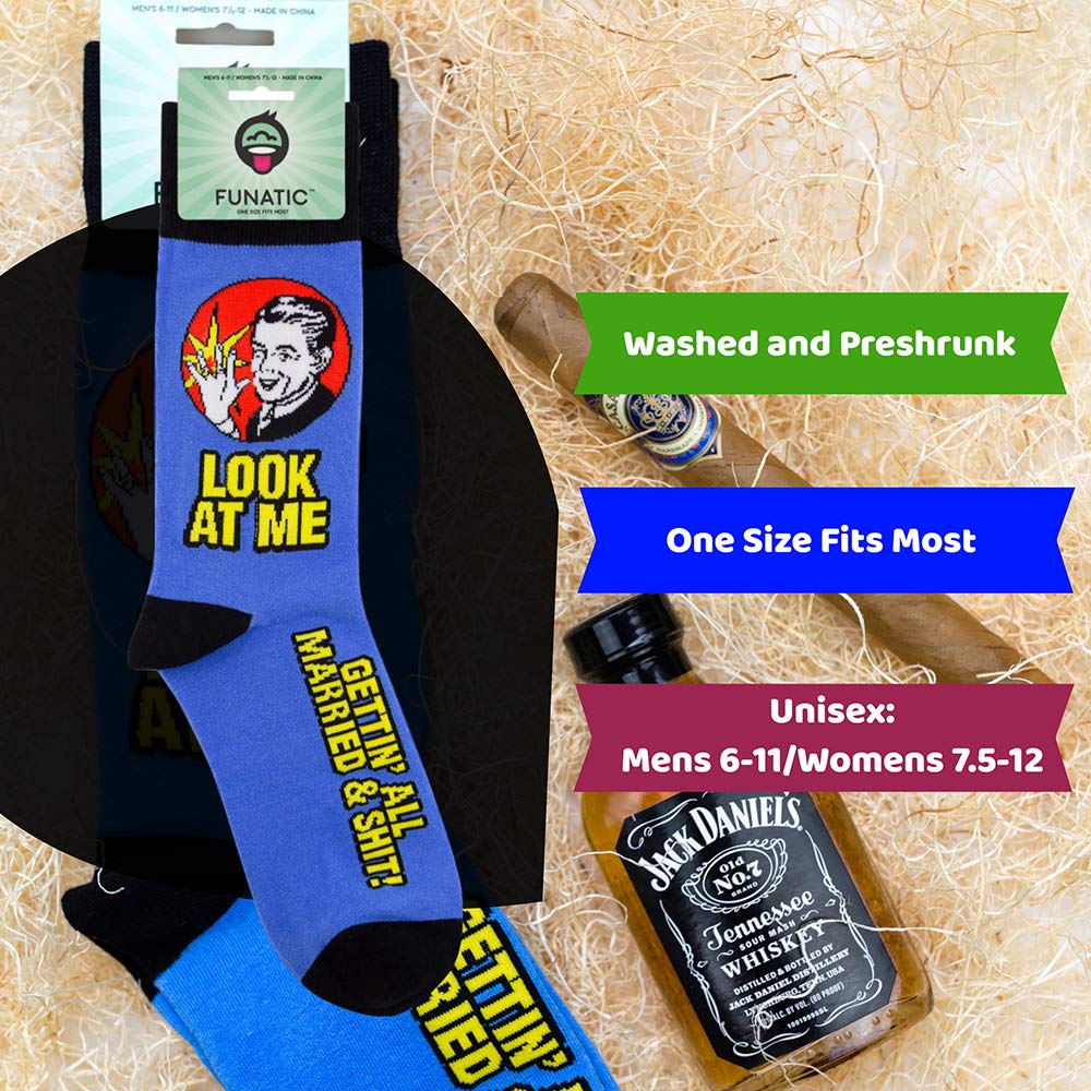 FUNATIC Look At Me Gettin All Married & Shit Novelty Crew Socks For Men Women | Funny Wedding Day Gift Idea Dress Apparel | Best Groom Bride Husband Wife To Be Marriage Clothing Present With Saying