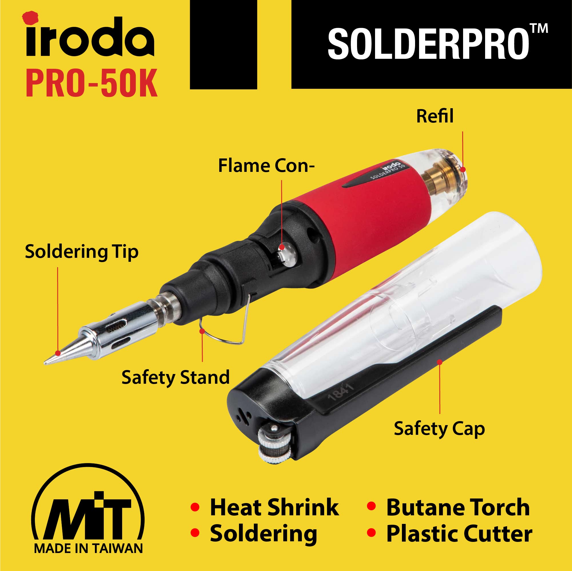 IRODA SOLDERPRO 50K Butane Soldering Iron Kit | 4-in-1 30-70W Heat Gun | Mini Torch | Cordless Portable Butane Soldering Kit Rapid Heat Up (Taiwan Made)