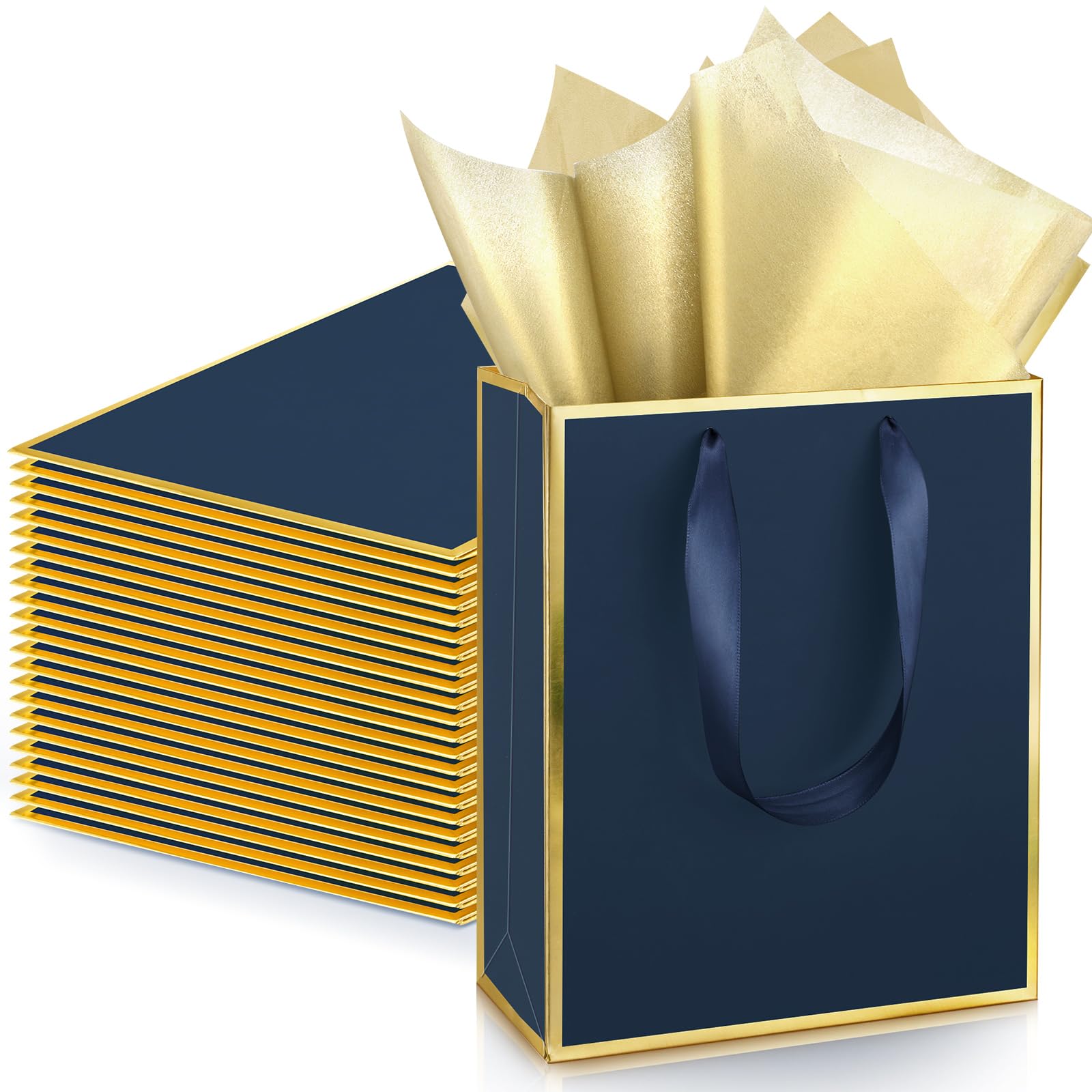 Yeaqee 24 Pack Metallic Paper Gift Bags with Handle and Tissue 9 x 7 x 3.1 Bridesmaid Welcome Gift Bag Thank You Bags for Christmas Thanksgiving Party Wedding Bridal Favor(Navy Blue, Gold)