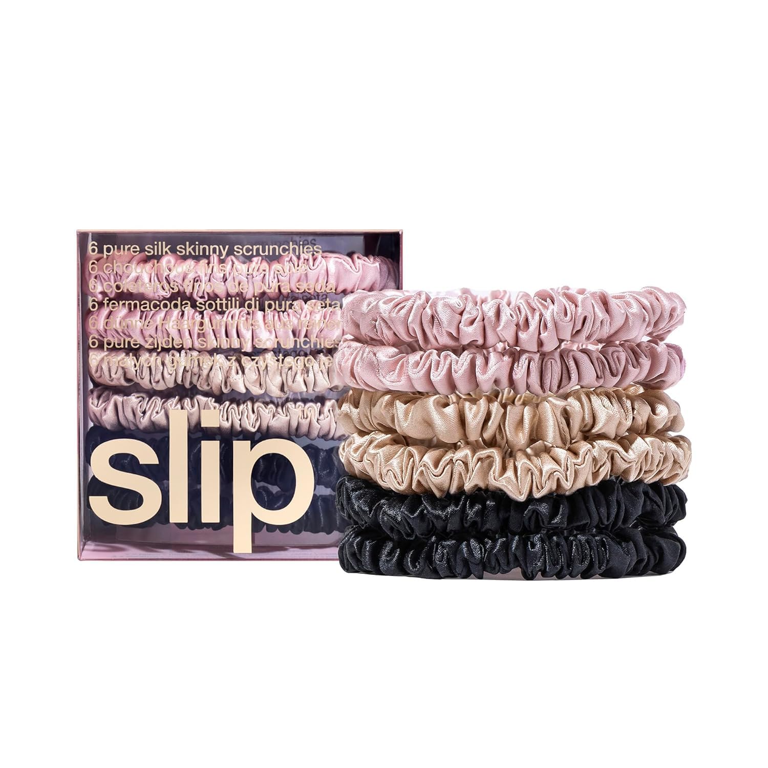 Slip Silk Skinnie Scrunchies in Black, Pink, and Caramel - Elastic Scrunchies Set (6 Scrunchies)