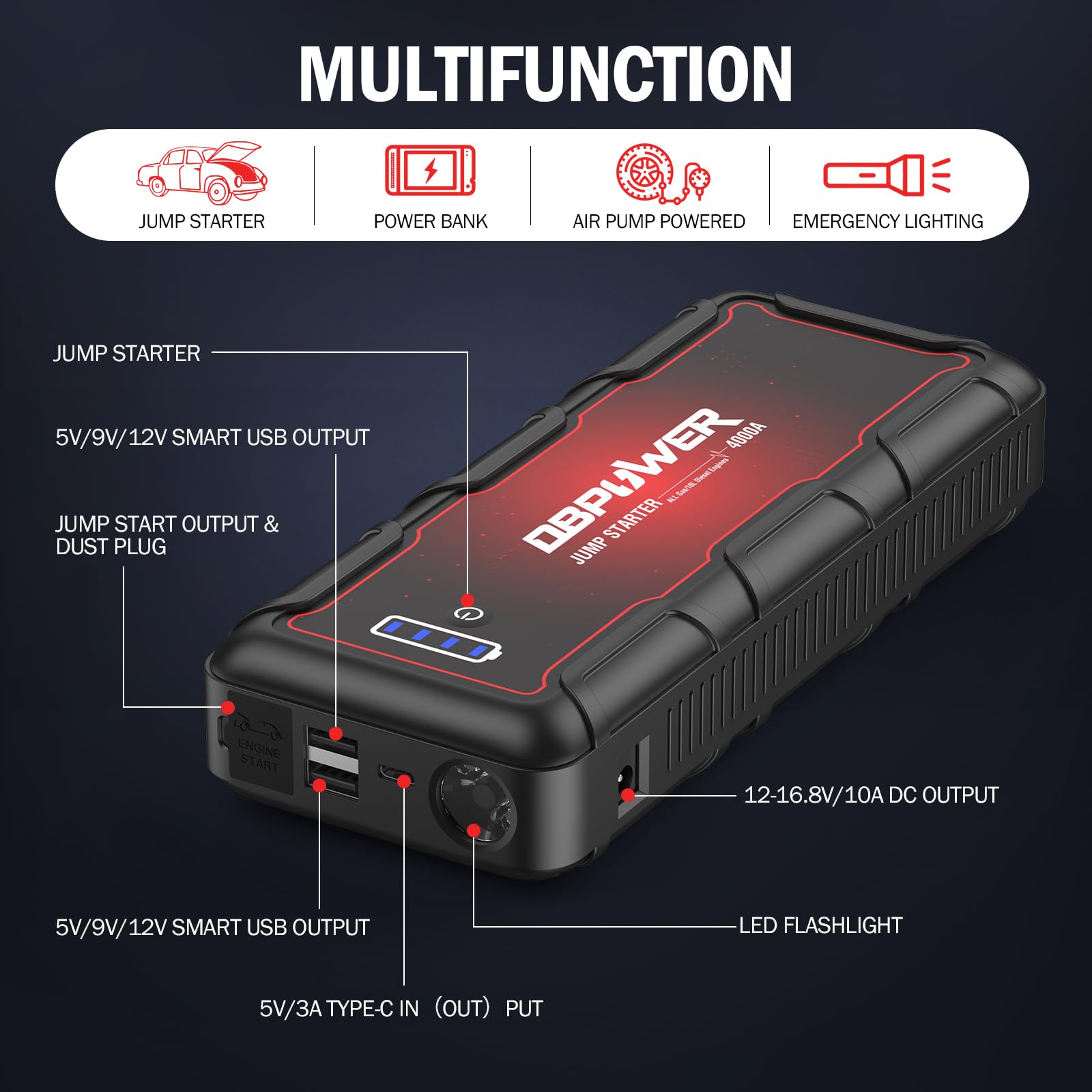 DBPOWER Jump Starter 4000A Peak 88.8Wh Portable Car Jump Starter (Up to ALL Gas/10L Diesel Engine) 12V Auto Battery Booster Pack with Smart Clamp Cables, Quick Charger, LED Light Jump Box