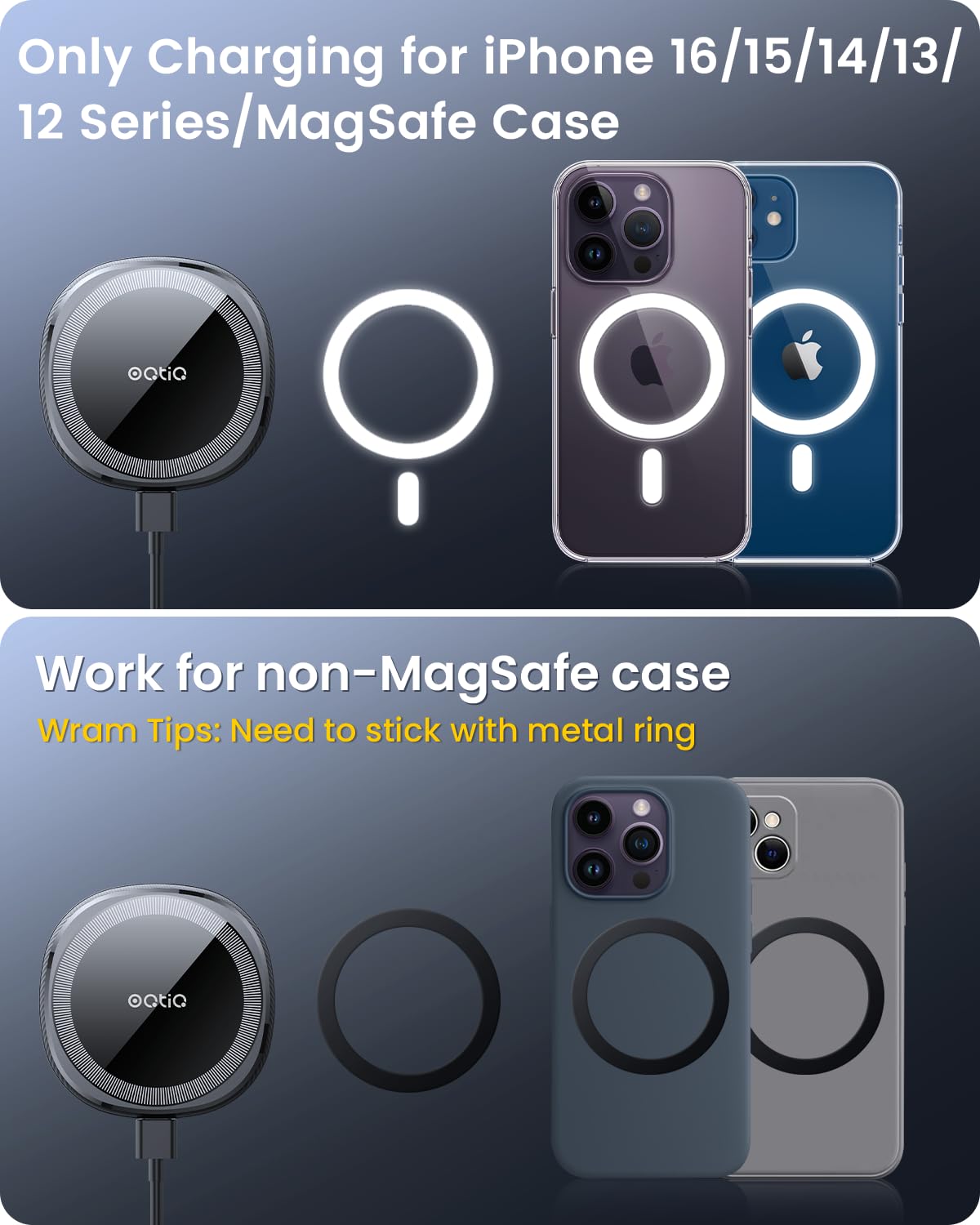 OQTIQ for MagSafe Cup Holder Wireless Car Charger Mount Magnetic Phone Charger Mount Heat-Dissipating System Fast Charging Phone Holder for iPhone 16 15 14 13 12 Pro Max Plus Mini with QC 3.0 Adapter
