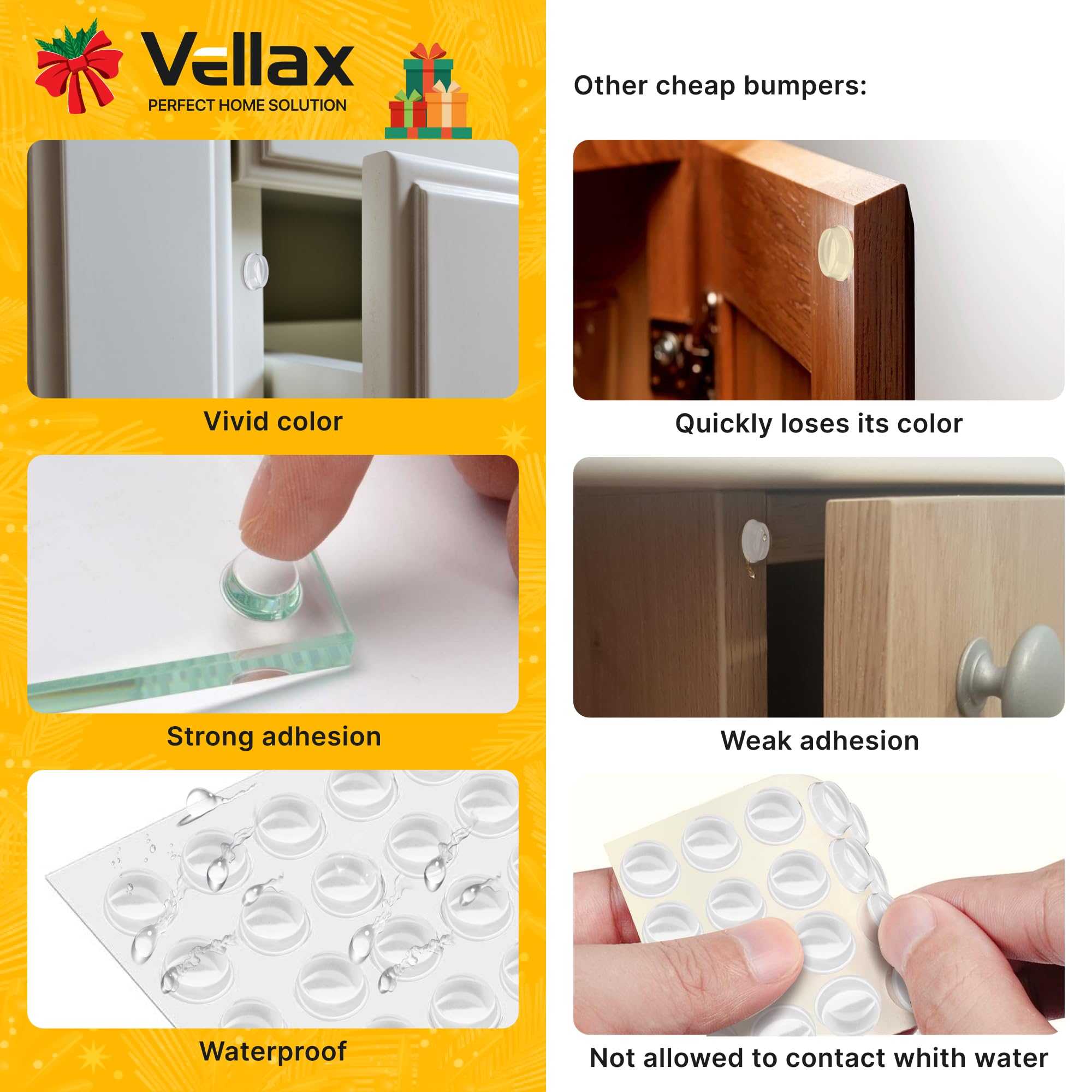 Vellax 128 & 64 Clear Cabinet Door Bumpers & 20 Clear Silicone Bumper Strips - 1/2 Inch Self Adhesive Rubber Stoppers for Drawers, Damp Pads Cupboards, Cutting Boards, Glass Tops, Picture Frames