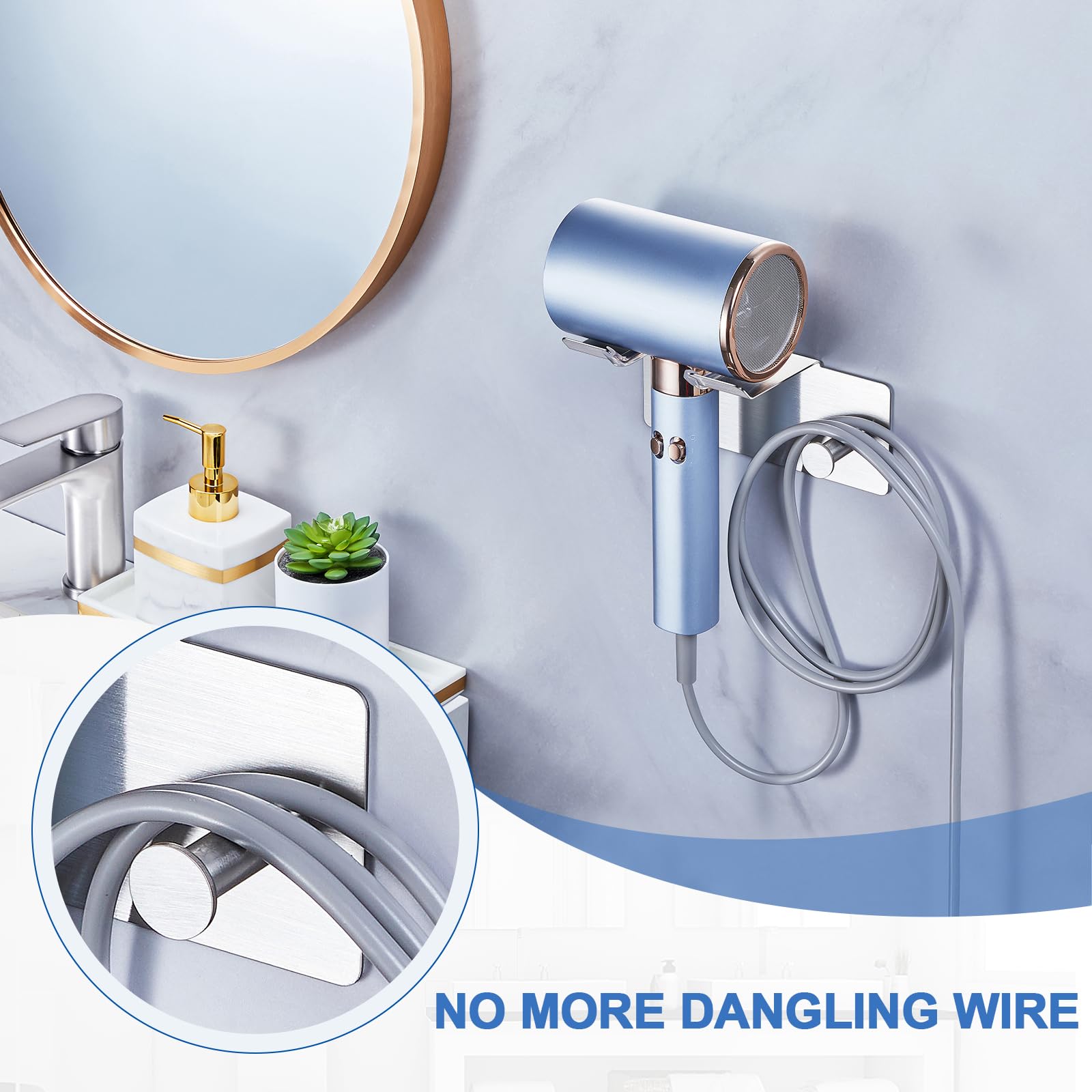 Hair Dryer Holder Wall Mounted, Blow Dryer Holder Adhesive, Stainless Steel Hairdryer Holder for Bathroom, Hair Tool Organizer with Plug&Cord for Cabinet Bathroom Bedroom Barber Shops