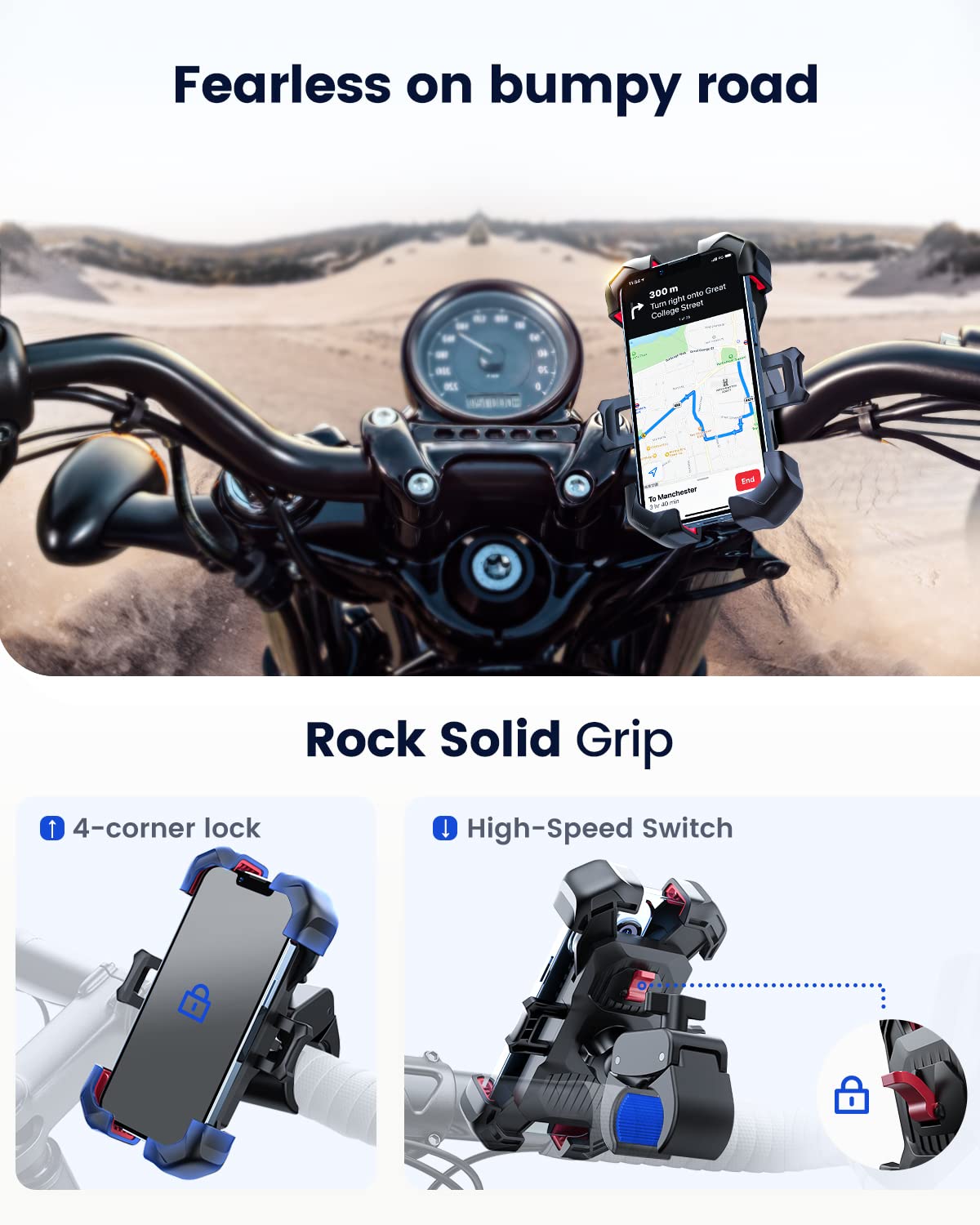 JOYROOM Motorcycle Phone Mount, [1s Auto Lock][100mph Military Anti-Shake] Bike Phone Holder for Bicycle, [10s Quick Install] Handlebar Phone Mount, Compatible with iPhone, Samsung, All Cell Phone