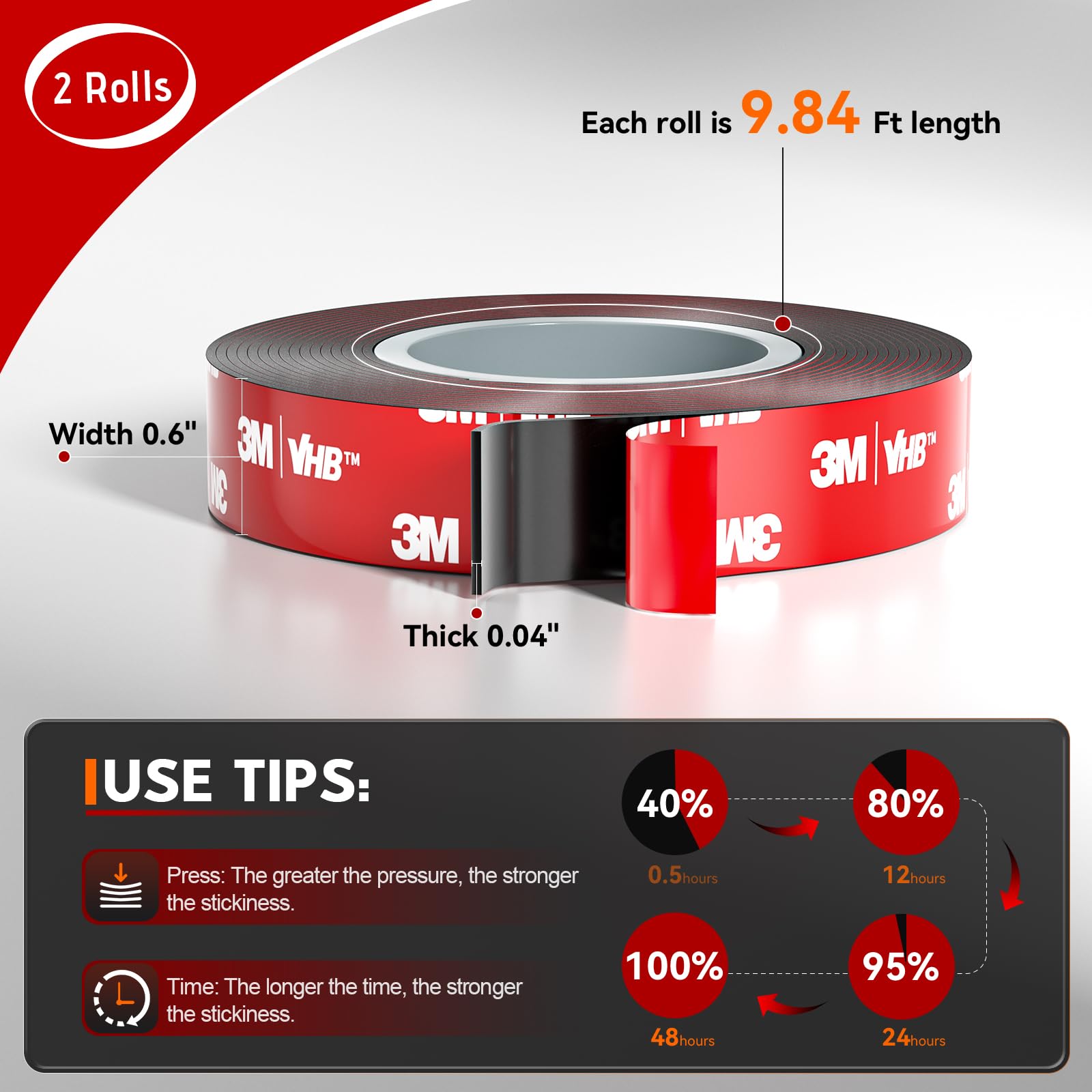 PHIXBEAR 2 Rolls Car Double Sided Tape High Temperature Resistant Heavy Duty, Made of 3M, 19.7 Ft X 0.6 ", Strong Adhesion and Multi-Purpose Automotive Parts Mounting Tape