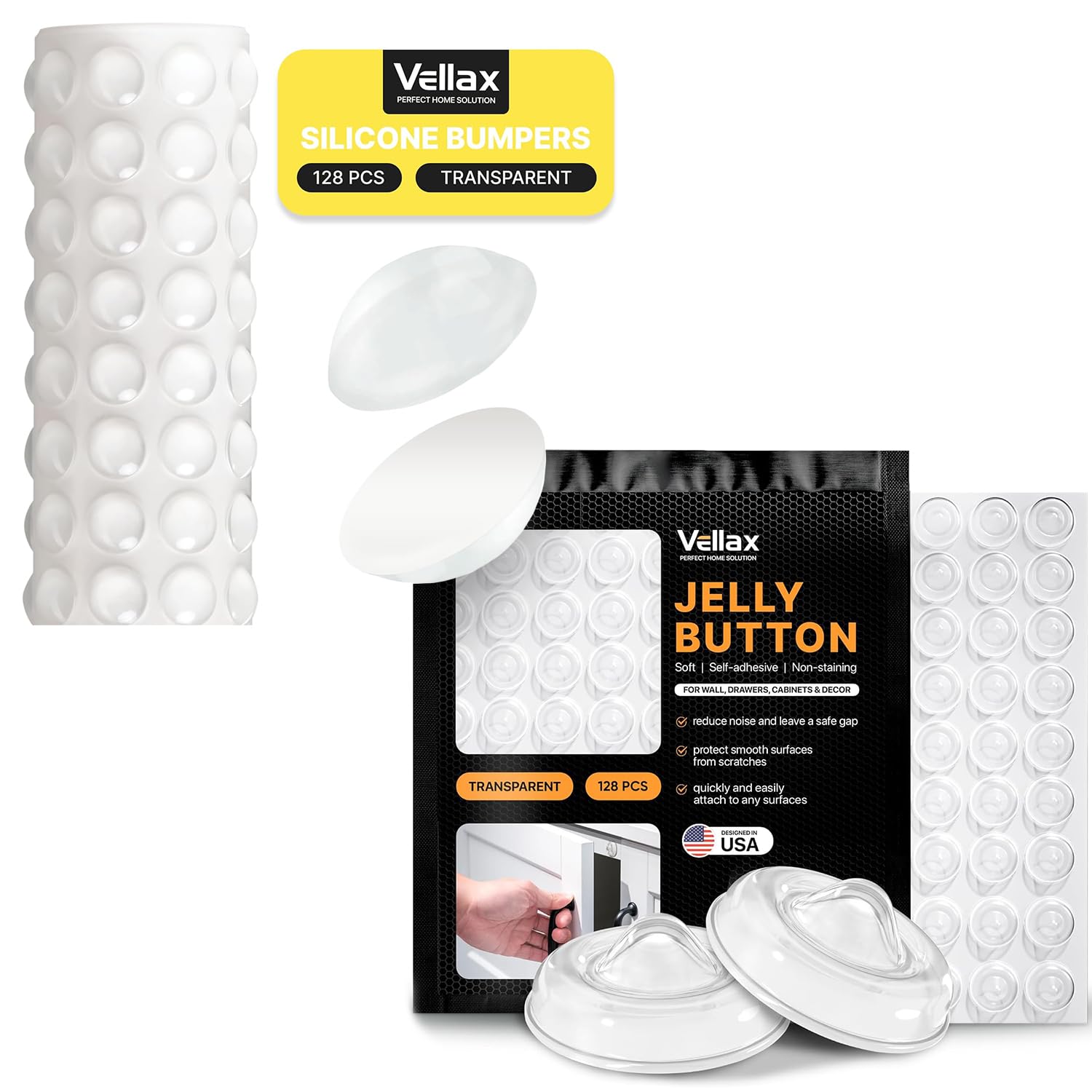 Vellax Cabinet Door Bumpers - Self Adhesive Pads, Cabinet Stoppers, Rubber Bumpers for Drawers, Cupboards, Cutting Boards, Glass Tops, Picture Frames, Kitchen Furniture