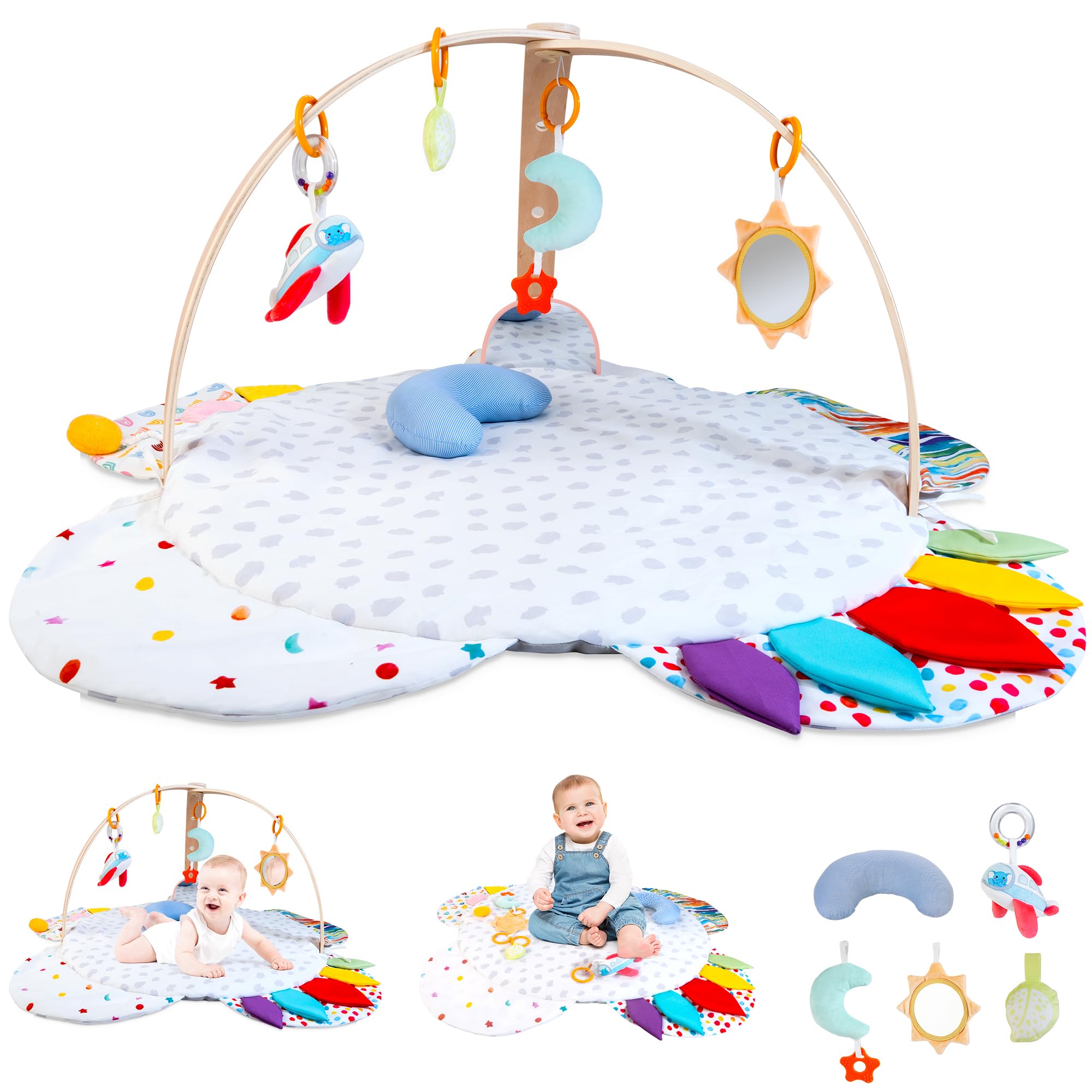 WOODMAM Baby Play Gym Mat, Infant Activity Gym for Newborns with Hanging Sensory Toys and Tummy Time Pillow, Foldable Wooden Frames, Best Gift for Baby Showers