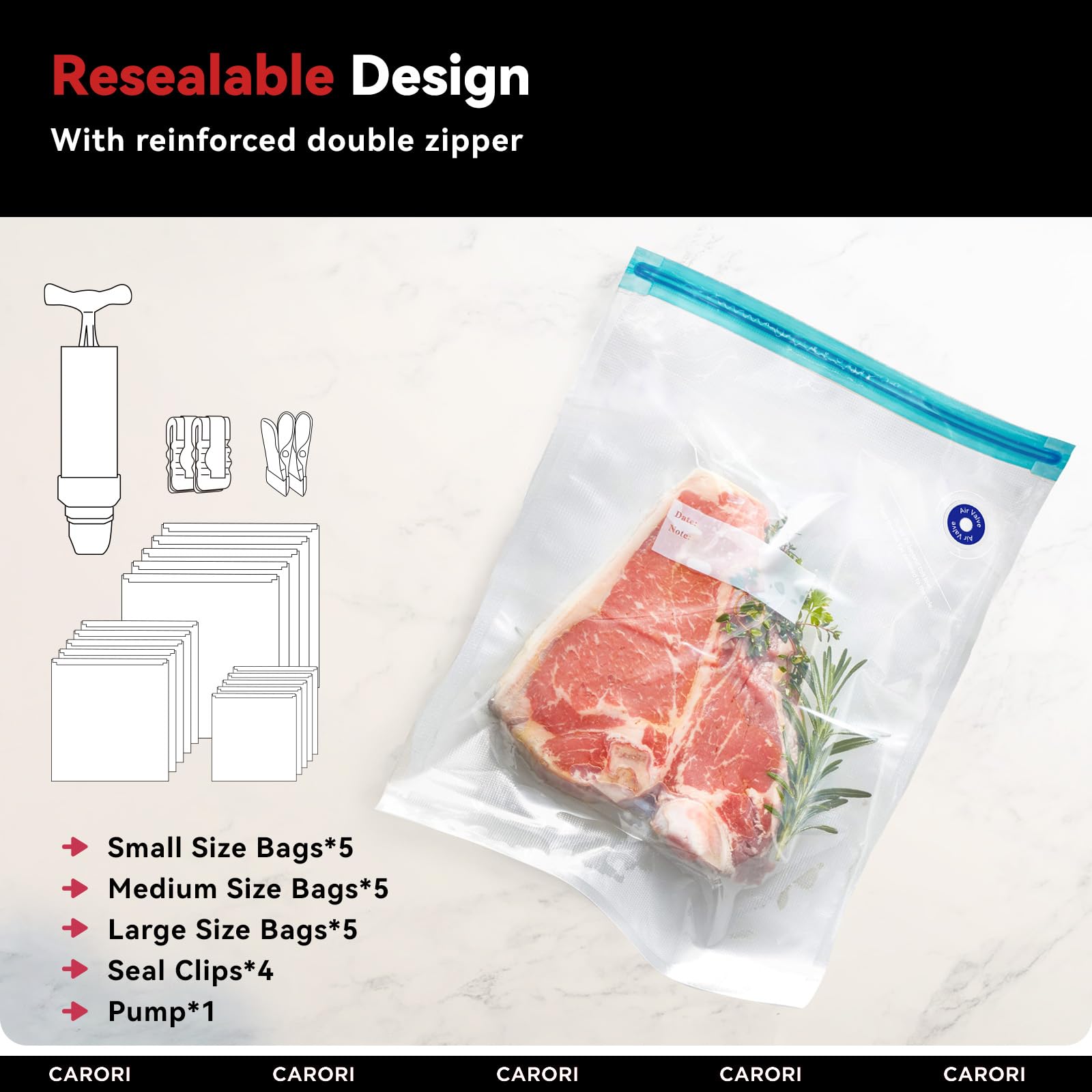 Carori Sous Vide Machine 1100W, Ultra Quiet Immersion Circulator with Recipes, Sous Vide Precision Cooker With Sous Vide Bags Kit 20-Piece Set with Reusable Vacuum Seal Bags in 3 Sizes, Black