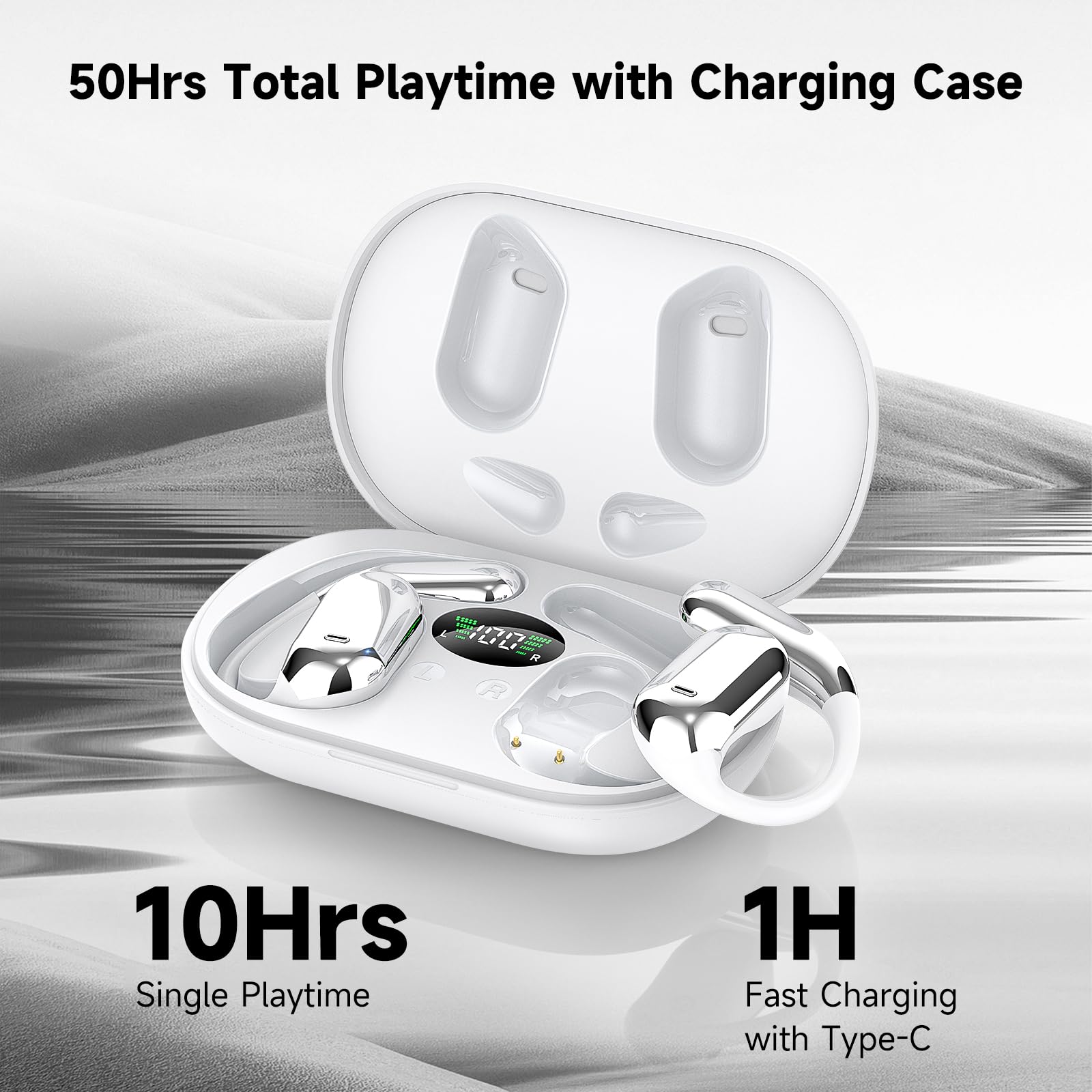 EUQQ Open Ear Bluetooth 5.4 Headphones, Wireless Earbuds Sport Over Earphones Built-in Mic with Ear Hooks 50H Playtime Ear Buds LED Display Charging Case