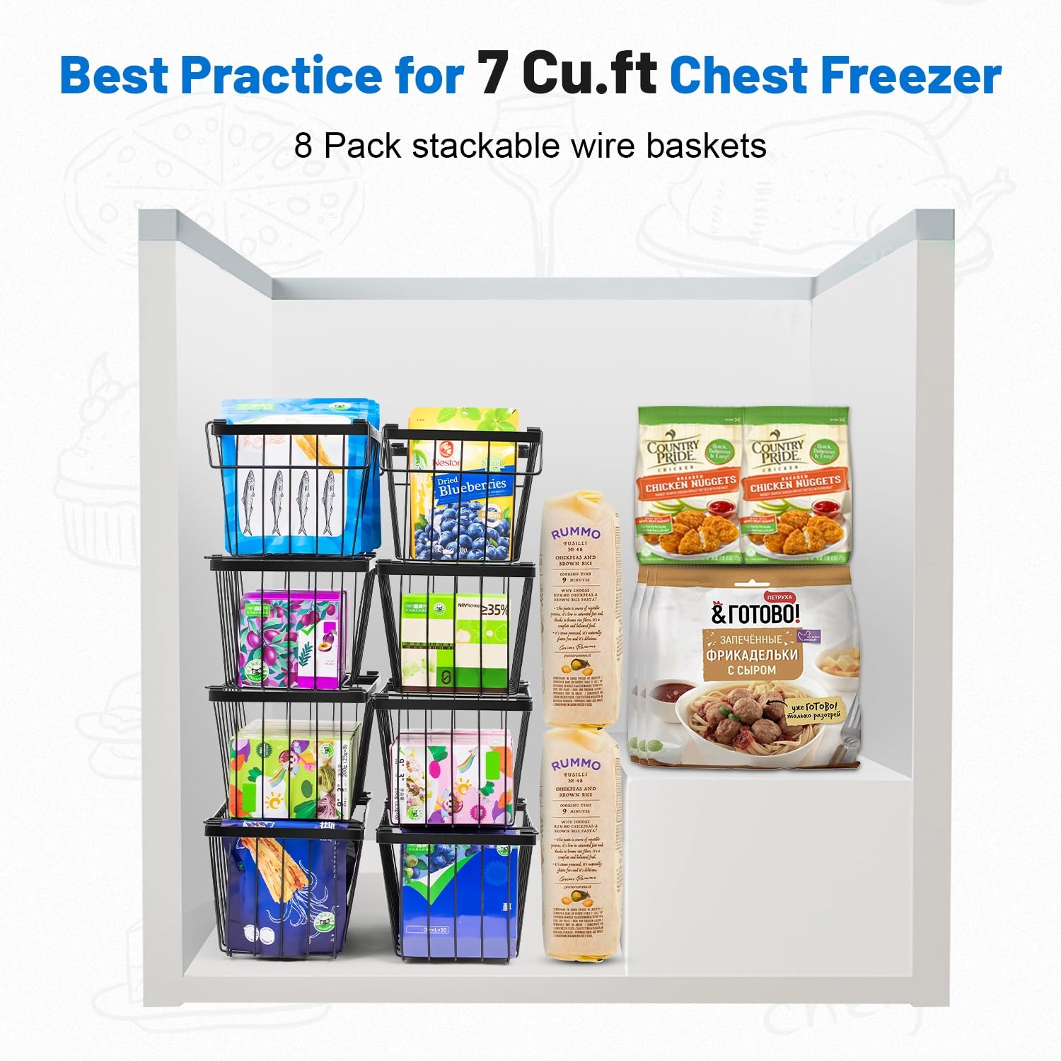 Wetheny Freezer Organizer Bins With Side Handle -8 Pack Stackable Chest Freezer Organizer for 7 Cu.FT - Deep Freezer Sort Frozen Food Wire Metal Basket Storage Bins Rack (Black)