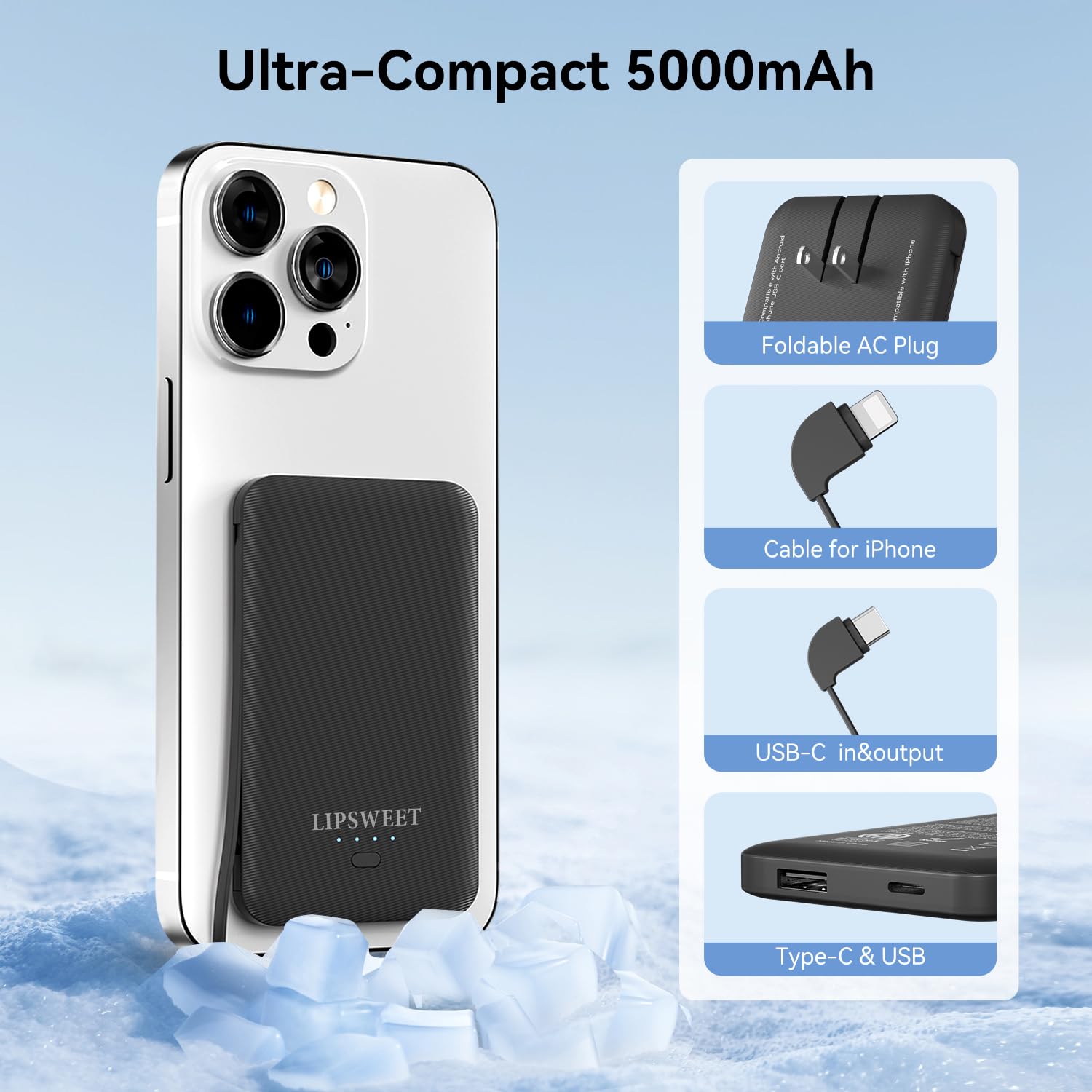 LIPSWEET Ultra Mini 5000mAh Portable Charger Power Bank with Built-in Cables and AC Wall Plug,USB C Fast Charging Pocket Size External Battery Pack Compatible with iPhone Android Smartphones (Black)