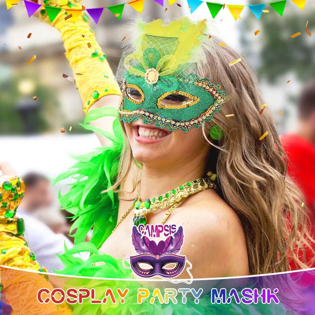 Campsis Masquerade Mask Green Mardi Gras Mask Feather Carnival Mask Venetian Costume Mask Party Favors for Women and Girls