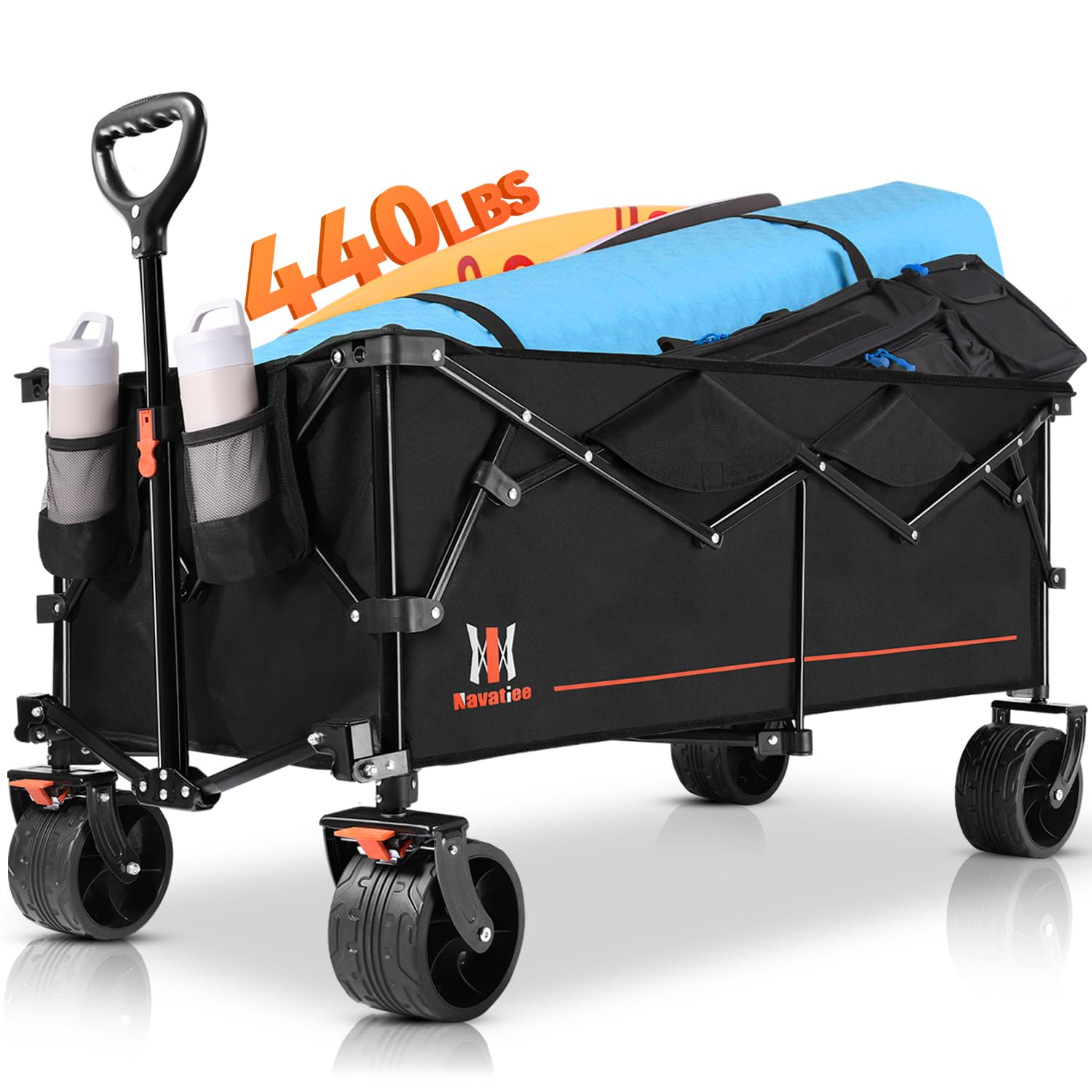Navatiee 300L Large Collapsible Wagon Cart Foldable, Folding Extended Beach Wagon with 440LBS Weight Capacity and Big All-Terrain Wheels, Heavy Duty Utility Garden Cart for Sports Outdoor