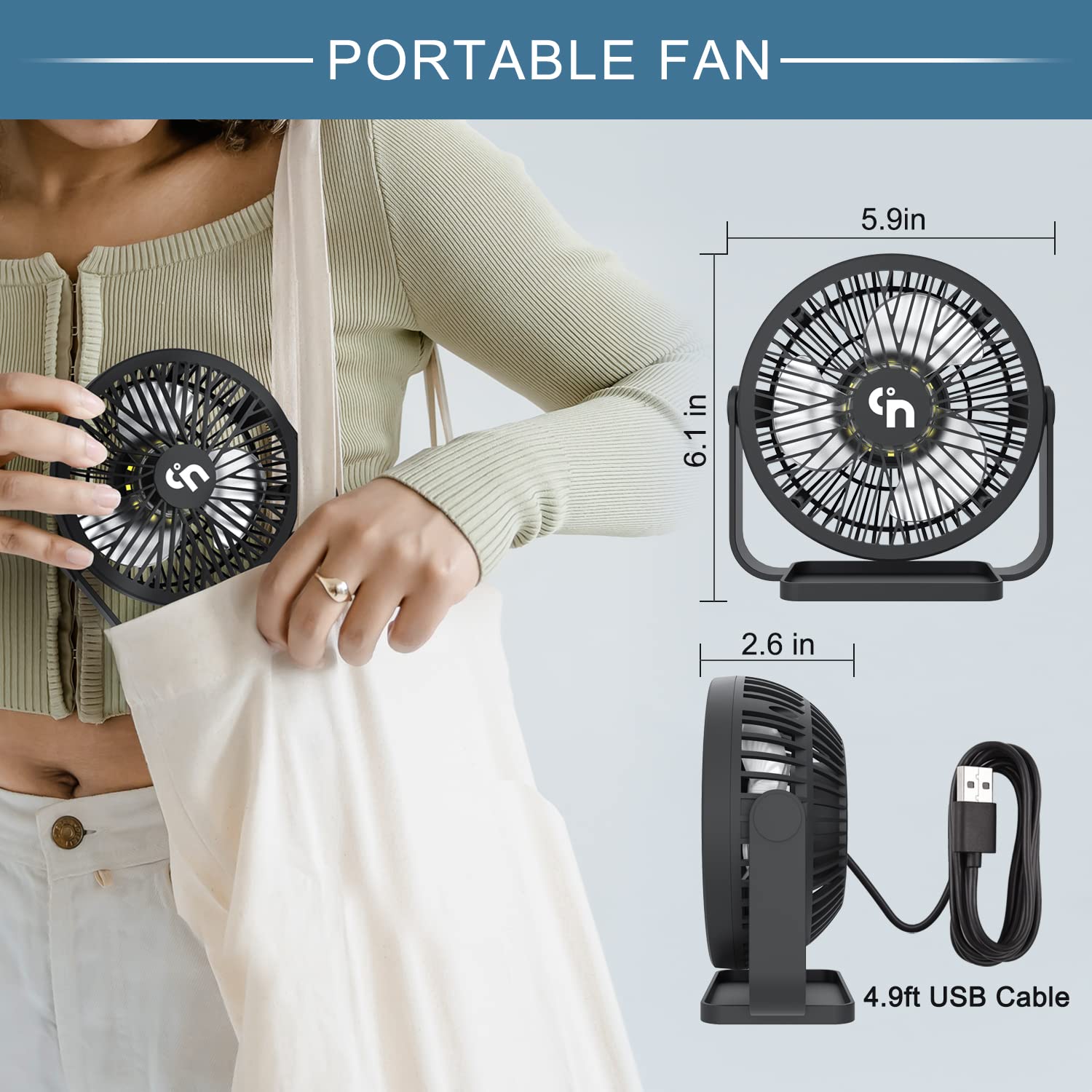 GagetElec USB Desk Fan with LED Night Lights,3 Speeds Desktop Small Fan,360°Rotation Strong Wind,Quiet Mini Cooling Table Fan for Home Office Desktop Office Table 5.3 Inch (T5-03)