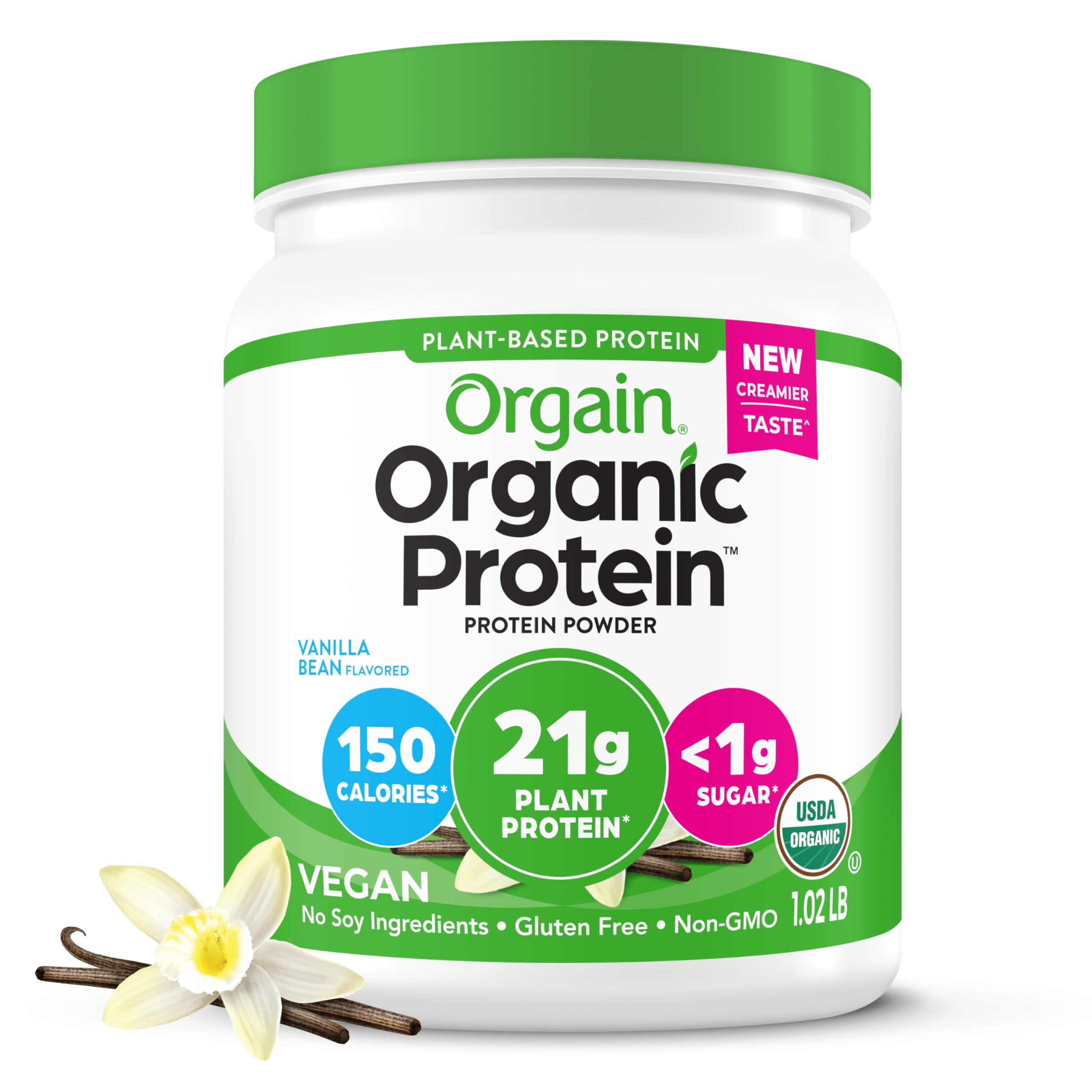 Orgain Organic Vegan Protein Powder, Vanilla Bean - 21g Plant Based Protein, 4g Prebiotic Fiber, No Lactose Ingredients, No Added Sugar, Non-GMO, For Shakes & Smoothies, 1.02 lb (Packaging May Vary)