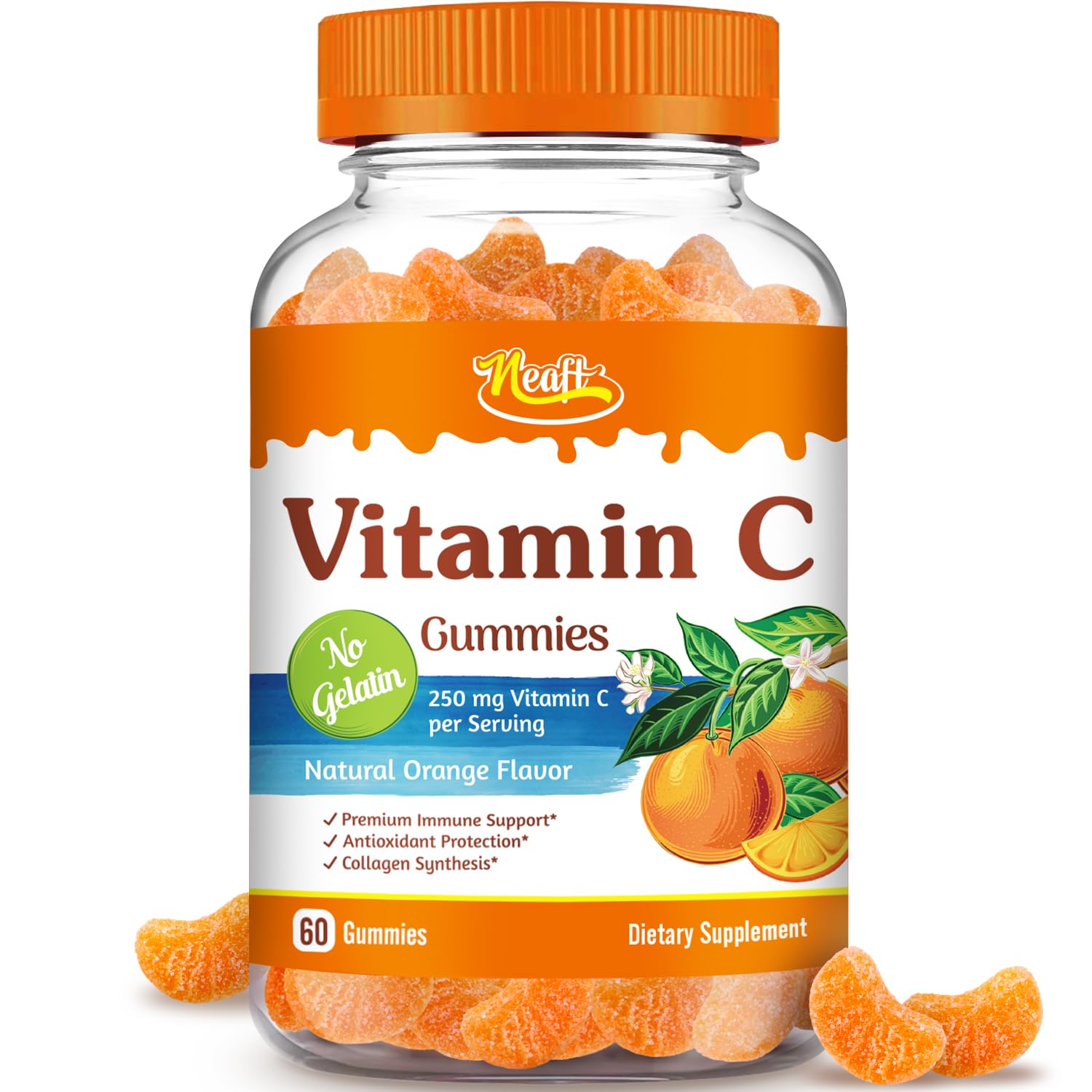 Neaft Vitamin C Gummies 250 mg, Immune & Antioxidant Support, Collagen Synthesis, for Men, Women and Children, Natural Orange Flavor, Pectin-Based, Vegan, 60 Gummies