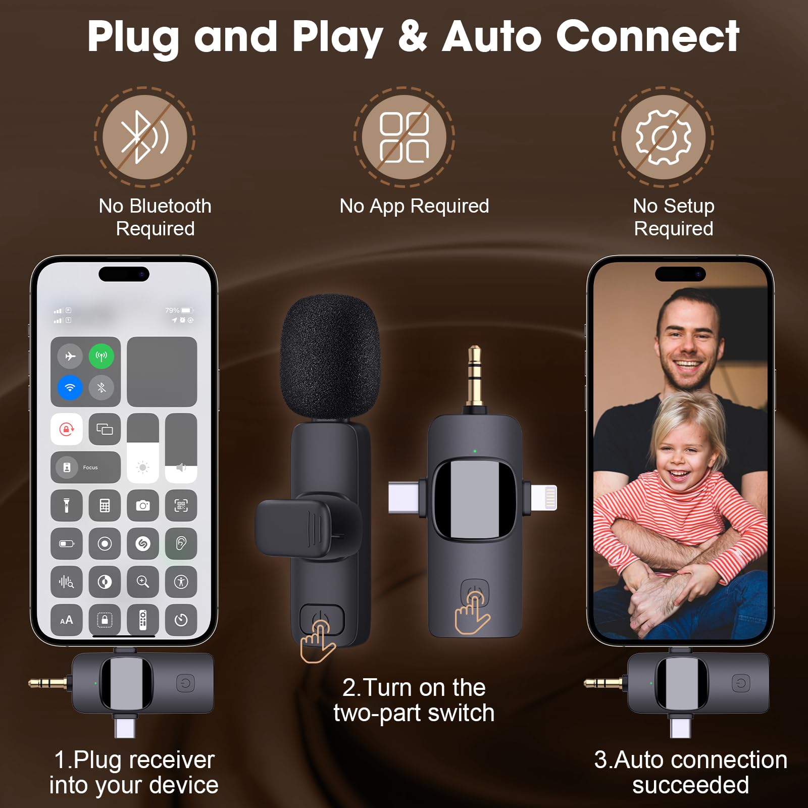 HMKCH Dual Wireless Lavalier Microphones for iPhone Android Camera Laptop PC, 4 in 1 Wireless Lapel Mic for Video Recording Vlog, YouTube, TikTok