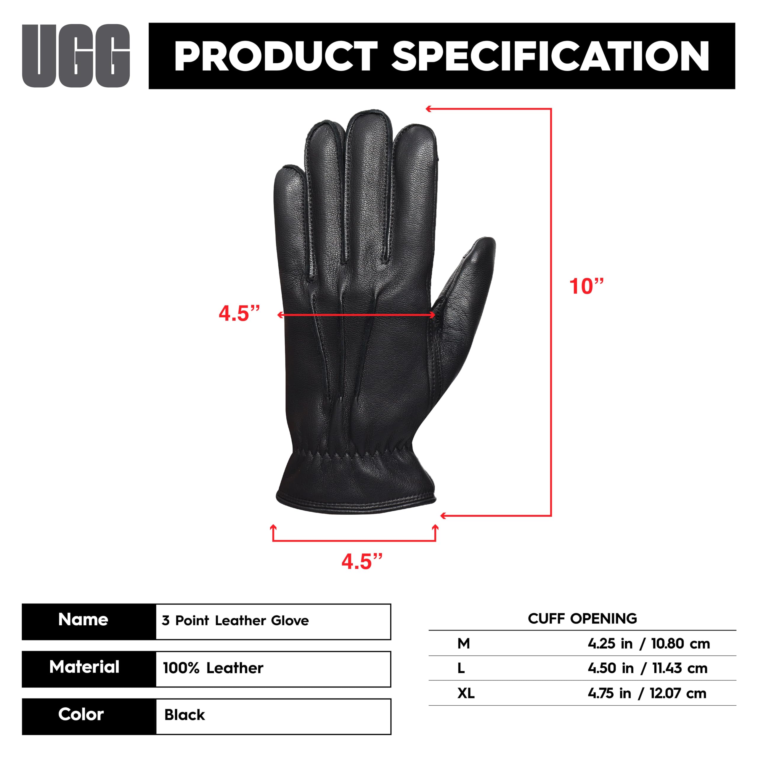 UGG Men's 3 Point Genuine Leather Gloves with Microfur Lining and Conductive Fingertips, Black, Medium