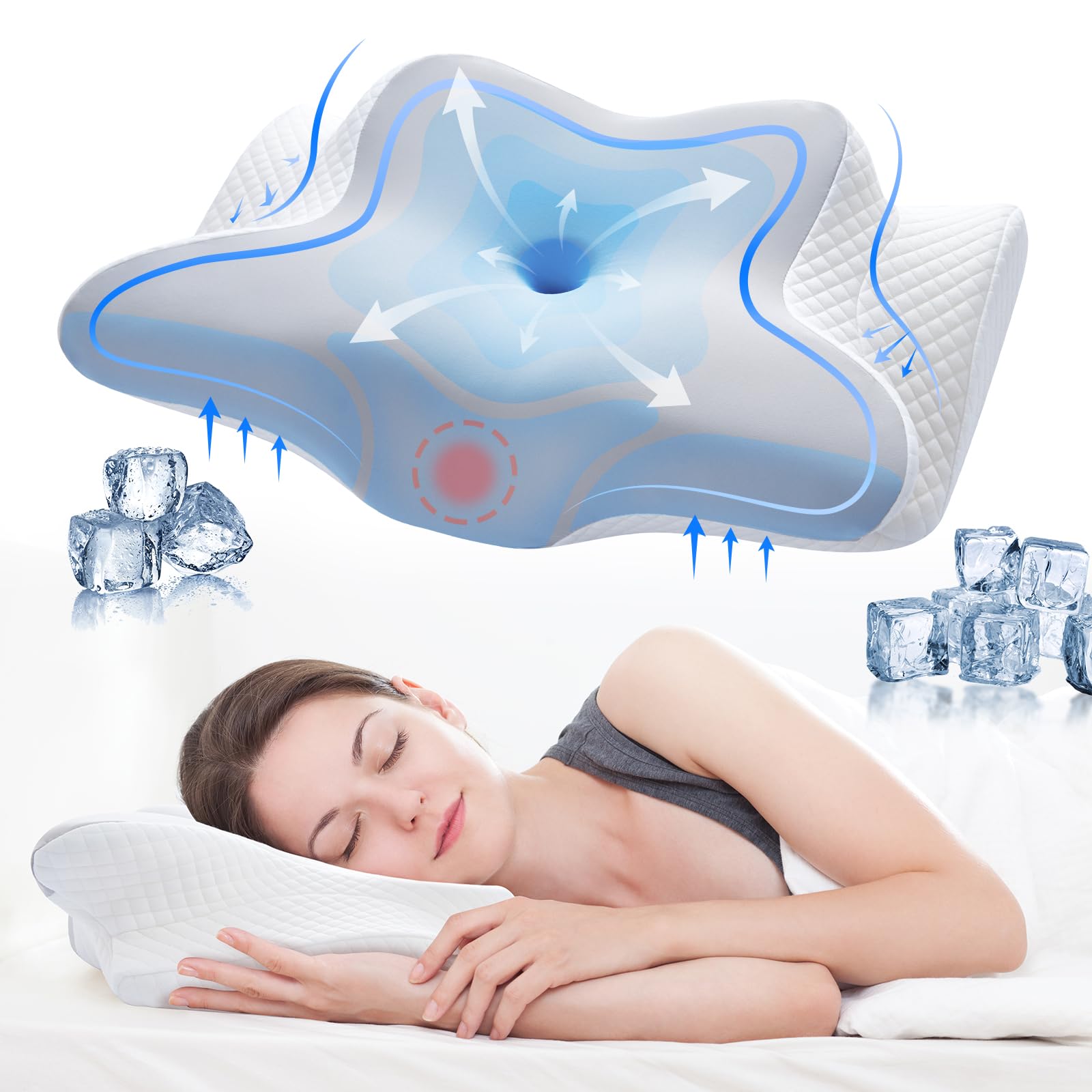 FANPAT Cervical Pillow for Neck Pain Relief,Contour Memory Foam,Ergonomic Orthopedic Neck Support Pillow for Side,Back & Stomach Sleepers with Breathable Pillowcase,Queen Size,Light Grey, 1pack