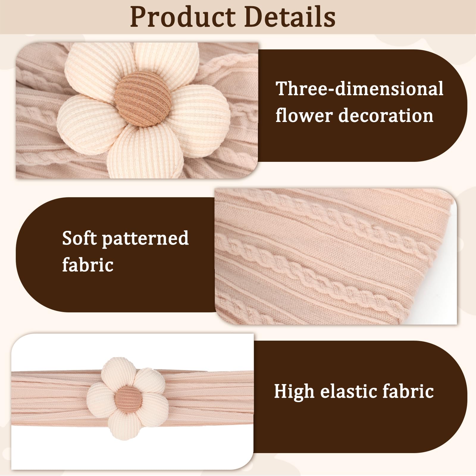 MIUXUESO 3 Pcs Baby Flower Headbands Baby Girls Nylon Headbands Soft Hairbands Hair Accessories for Newborn Infant Toddler Kids（Beige Pink Khaki）