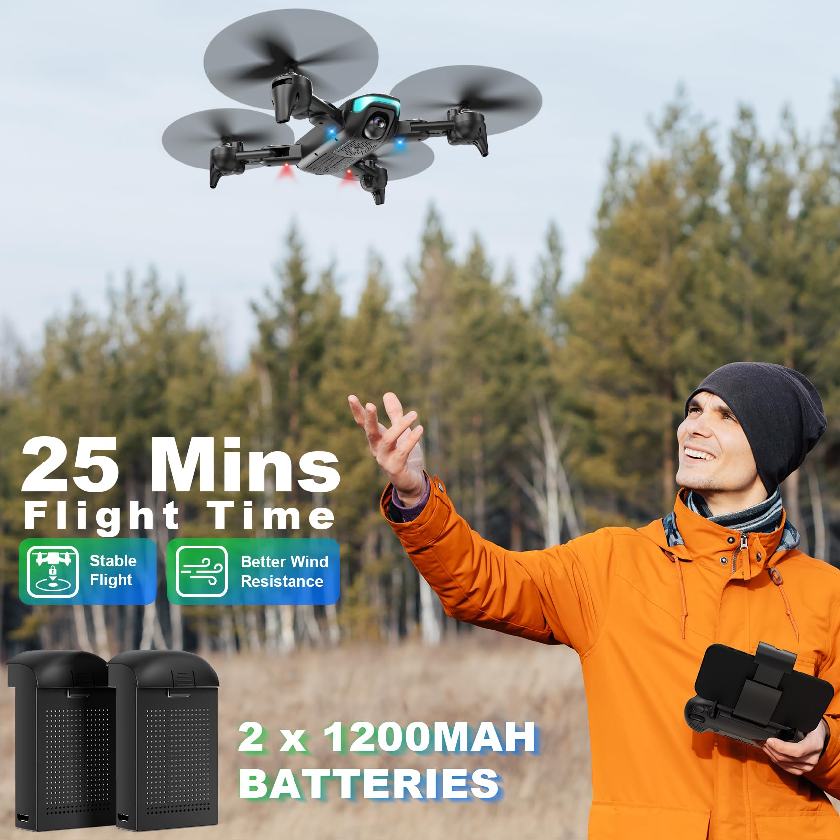 REDRIE Drone with Camera - Foldable Drone for Kids Adults with 1080P FPV Camera, Upgrade Altitude Hold, Gestures Selfie, Waypoint Fly, Headless Mode, 3D Flip, One Key Start, 3 Speed Mode, Circle Fly, 2 Batteries