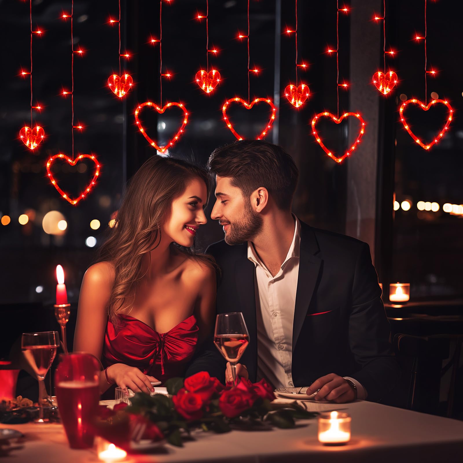 Valentines Day Decor, Red Love Heart String Lights for Bedroom, 12 Hearts 138 LED Fairy Twinkle Lights with Remote, 8 Lighting Modes Connectable Window Lights for Valentine's Day Wedding Home Decor