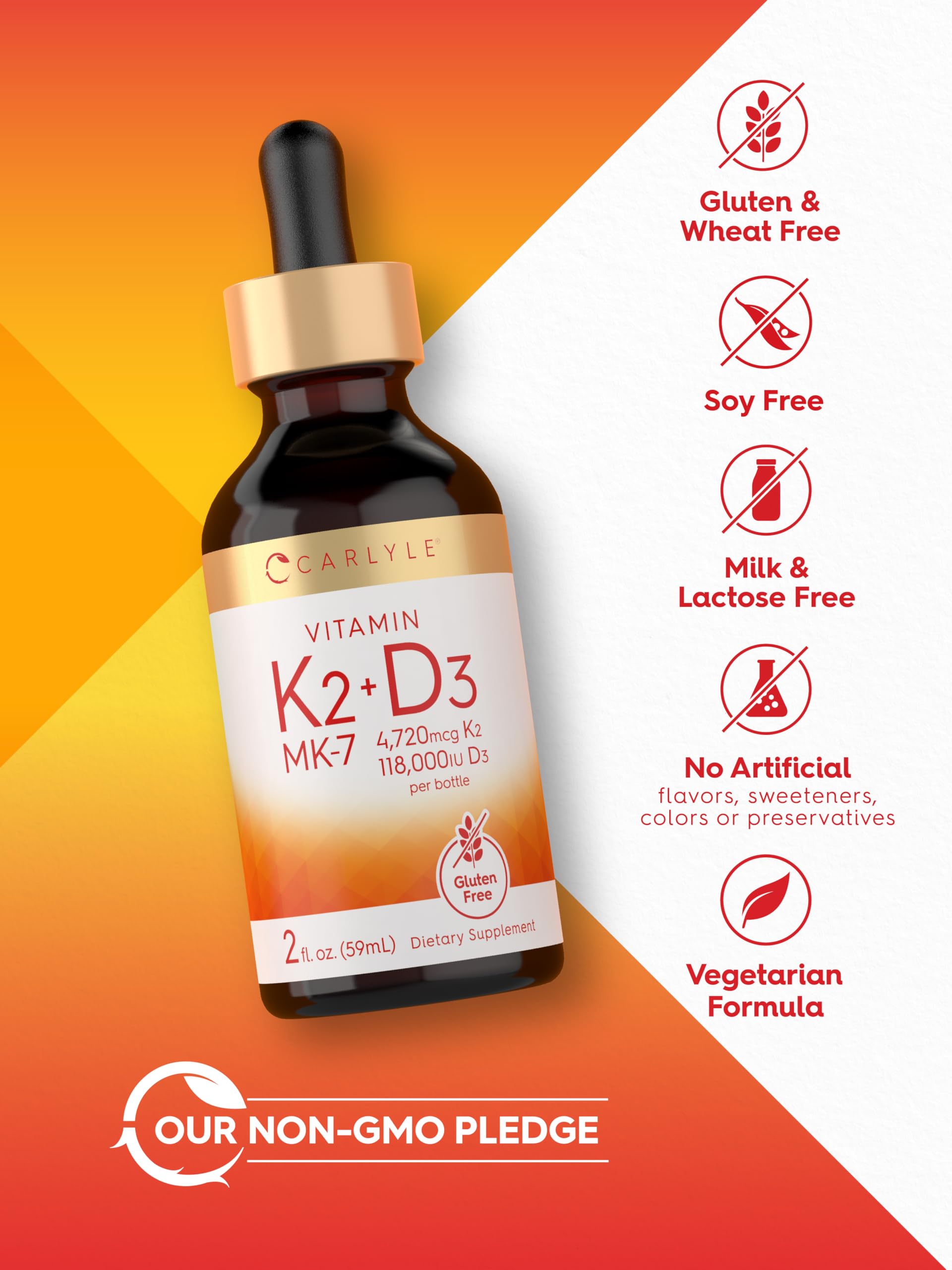 Carlyle Vitamin D3 K2 Drops | 2 Fl Oz | MK-7 Supplement | Vegetarian, Non-GMO, Gluten and Soy Free Formula