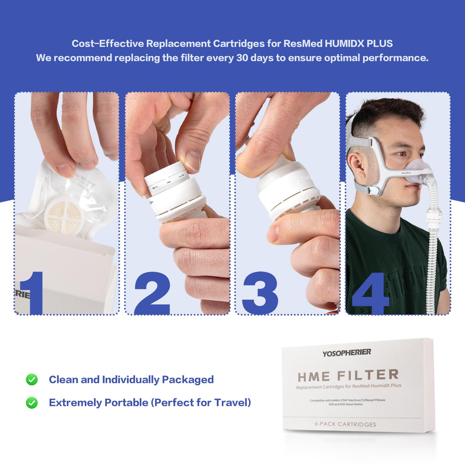 HME for HumidX Plus, Replacement Cartridges for ResMed HumidX Plus, FSA & HSA Eligible, Compatible with ResMed Airmini CPAP Machine & P10 Nasal Pillows, N20, N30 Nasal Masks, CPAP Supplies, 6-Pack