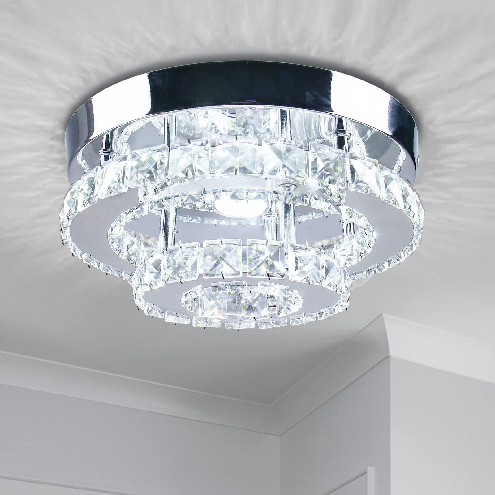 diisunbihuo Modern Crystal Flush Mount Chandelier Two Layers Crystal Chandeliers LED Ceiling Light Fixture Mini Chandeliers with Crystals Hallway Light Bedroom Chandelier for Bathroom Kitchen Office