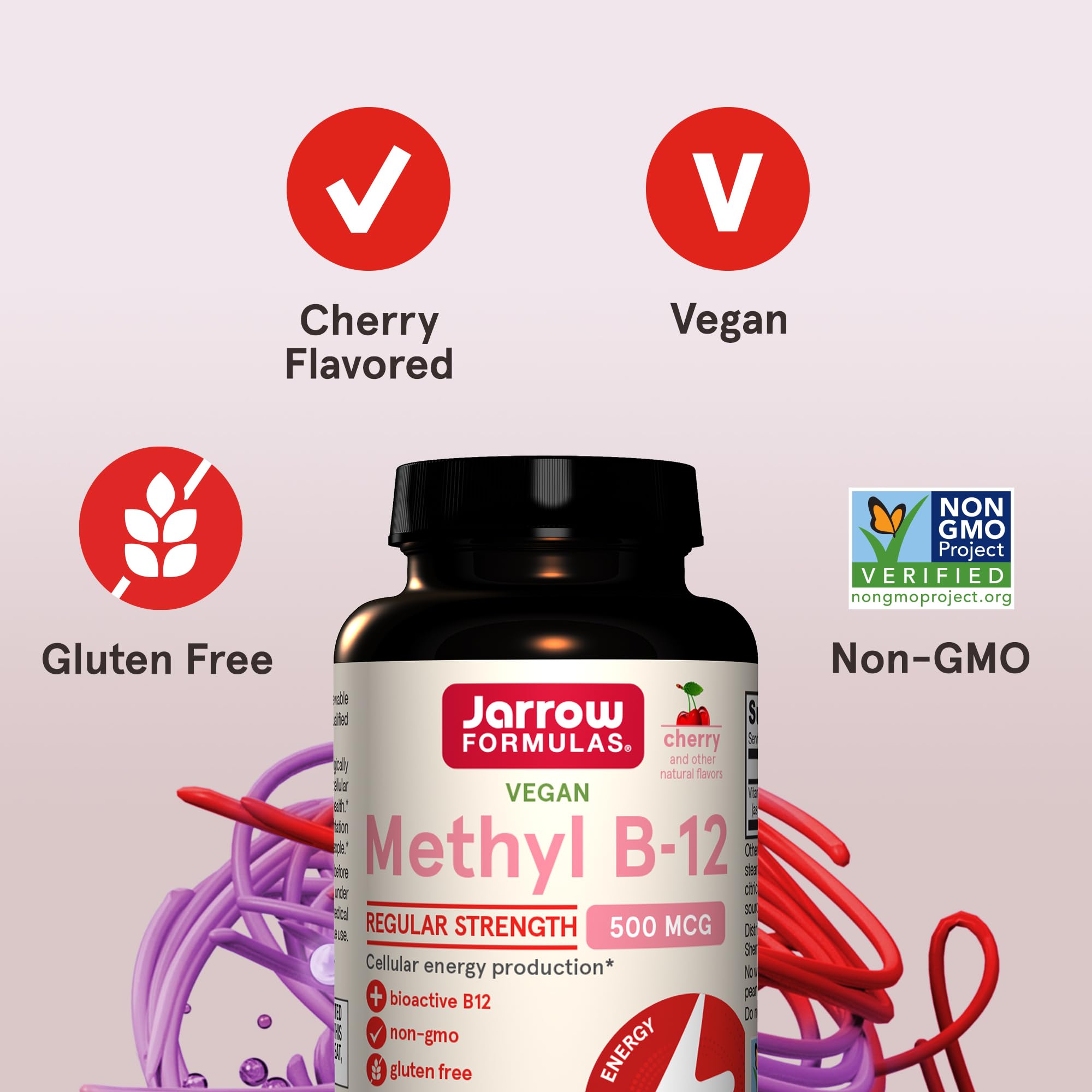 Jarrow Formulas Methyl B-12 Tablets, 500 mg, Dietary Supplement For Cellular Energy Production and Brain Health Support, 100 Cherry Flavor Chewable Tablets, 100 Day Supply