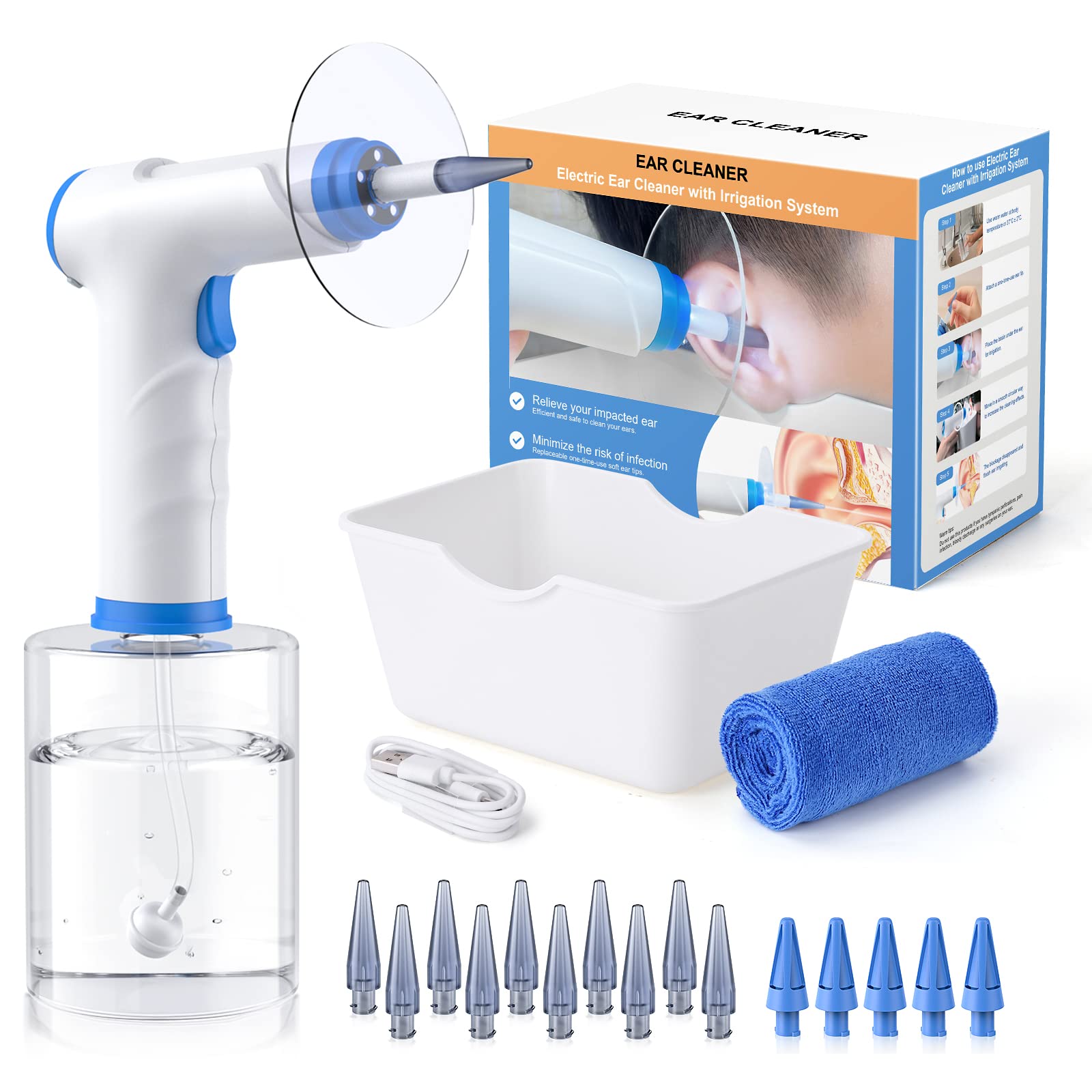 Ear Wax Removal, Electric Ear Cleaning Kit with Light, FSA HSA Eligible, Ear Irrigation Kit with 4 Pressure Modes, Safe and Effective Ear Flush Kit with Ear Cleaner - Includes Basin, Towel & 15 Tips