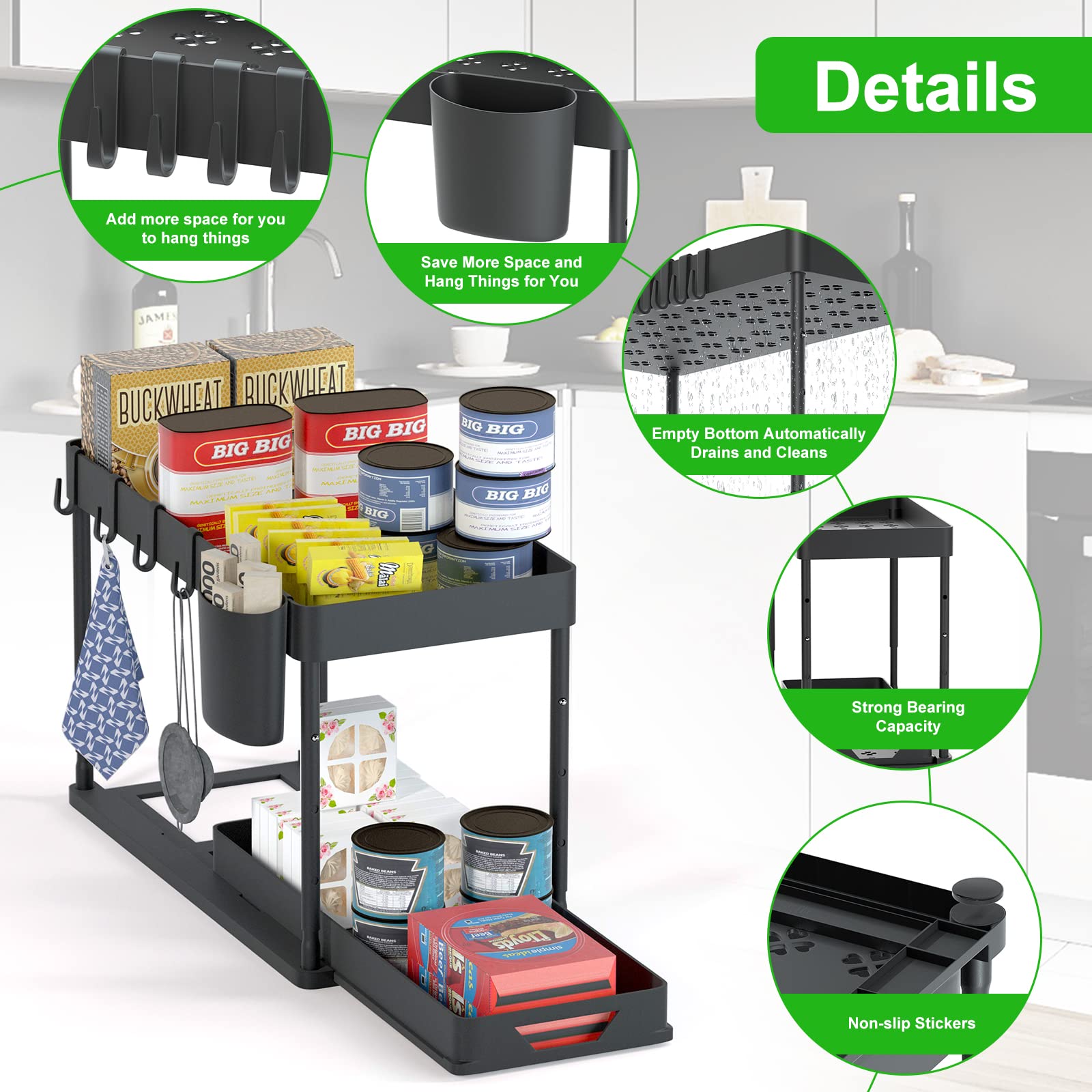 HI NINGER Under sink shelf Pull-out cabinet organizer under the, 2-tier with 4 hooks & 1 hanging cup Liftable with for kitchens.