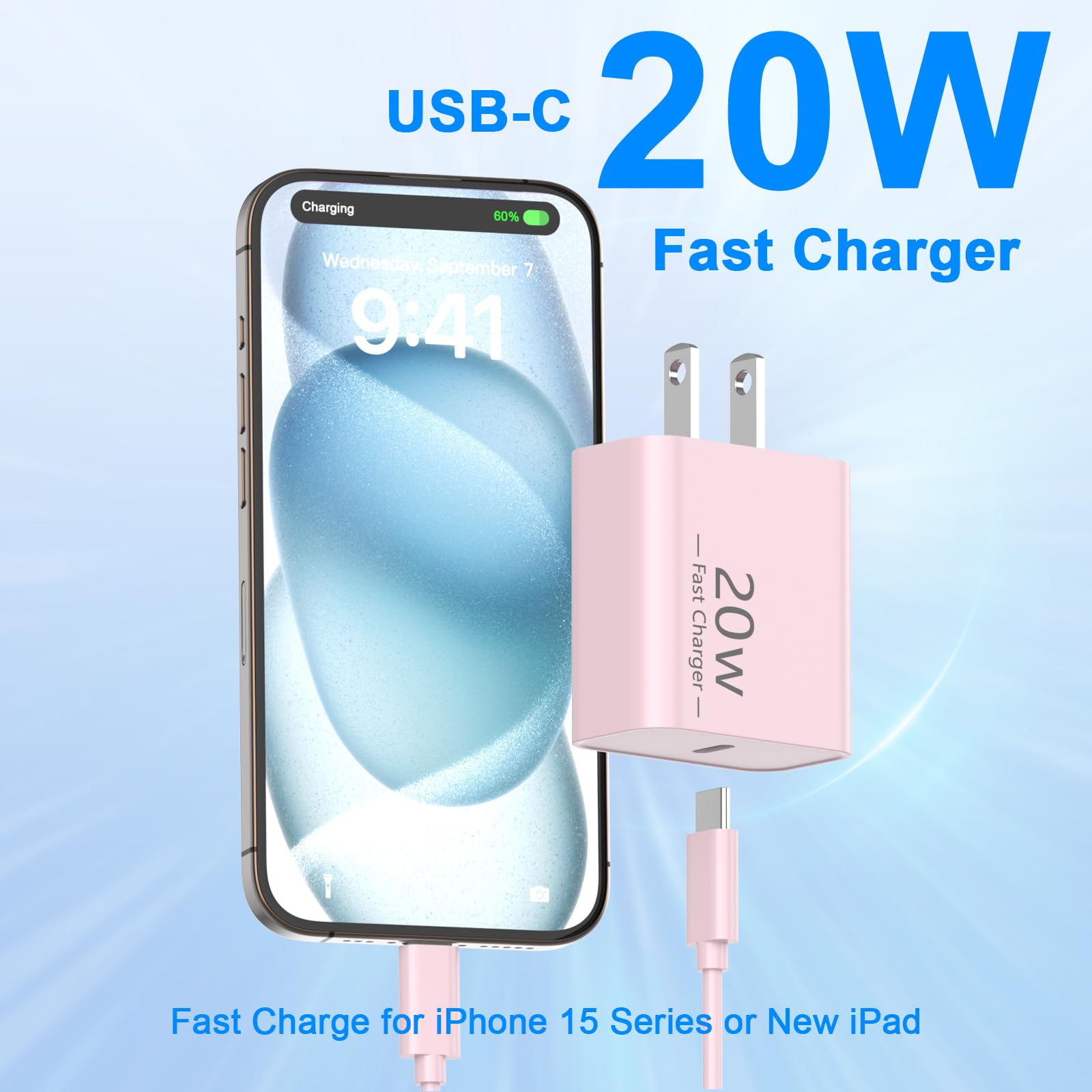 Matsusho iPhone 16 15 Charger Fast Charging 10 FT, 2 Pack 20W USB C Wall Charger with 10FT Type C Charger Fast Charging Cable for iPhone 16/16 Plus/16 Pro/16 Pro Max/15/15 Pro/15 Pro Max/15 Plus, Pink