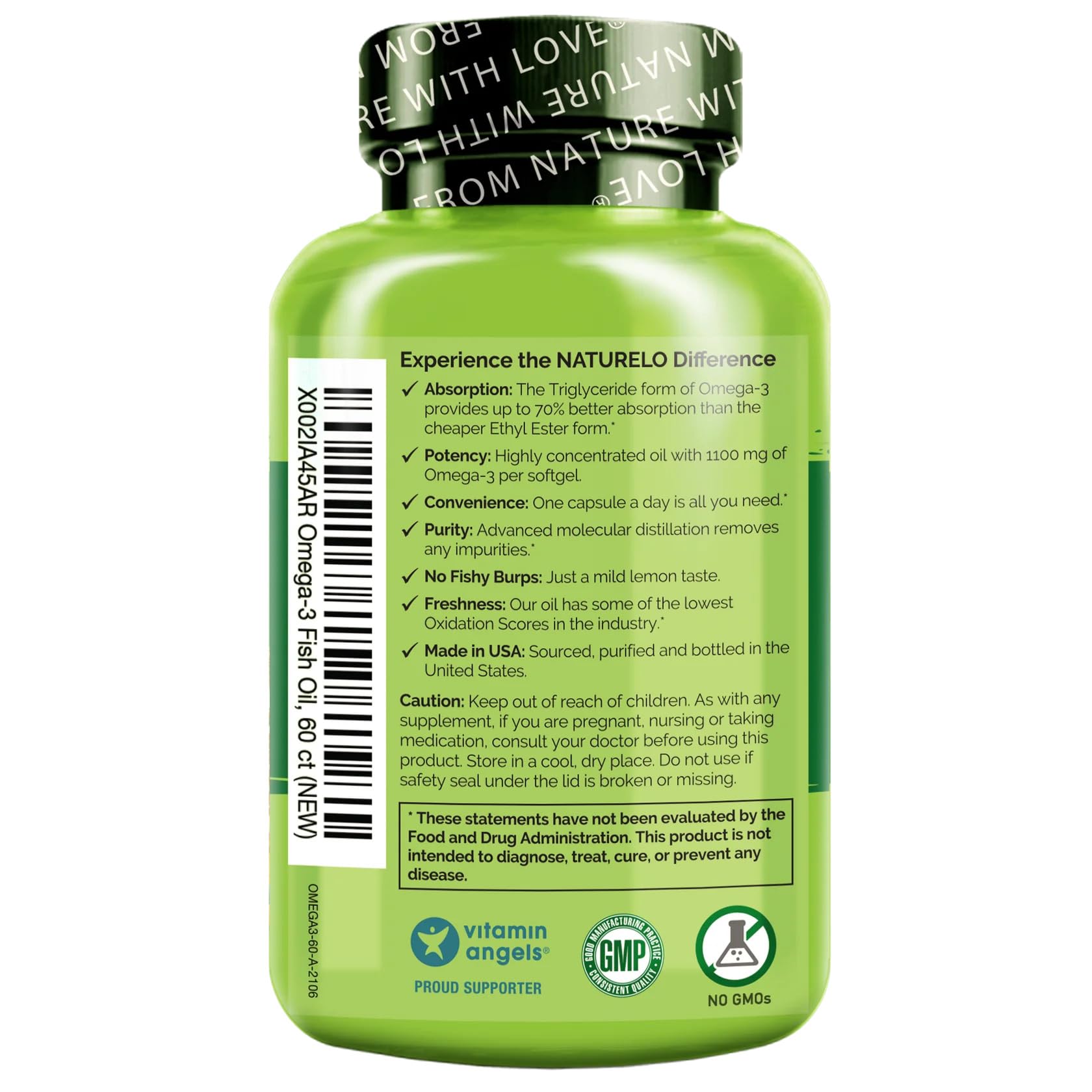 NATURELO Omega-3 Fish Oil Supplement - EPA + DHA - 1100 mg Triglyceride Omega-3 per Gel - One A Day - for Heart, Eye, Brain, Joint Health - No Burps - Lemon Flavor - 60 Softgels | 2 Month Supply