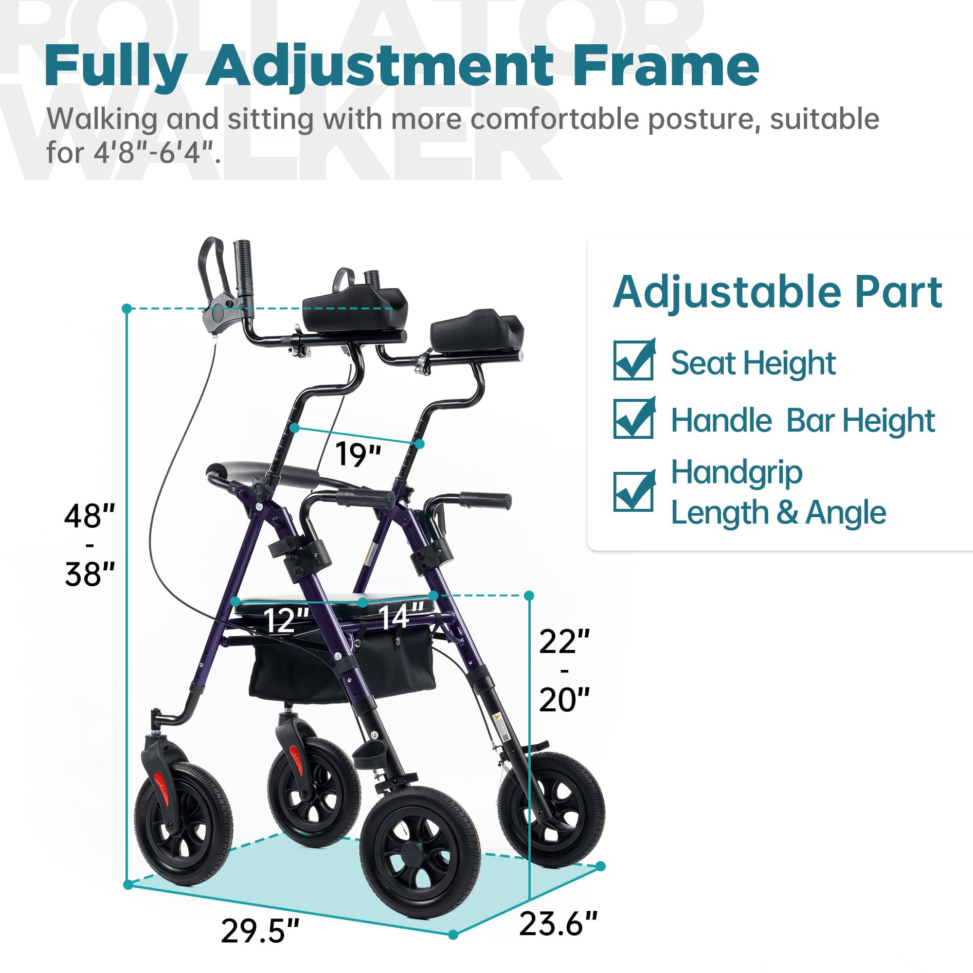 ELENKER All-Terrain Upright Rollator Walker, Stand Up Rolling Walker with 10’’Big PU Wheels and Adjustable Padded Armrests for Seniors from 4’8”to 6'4”, Purple