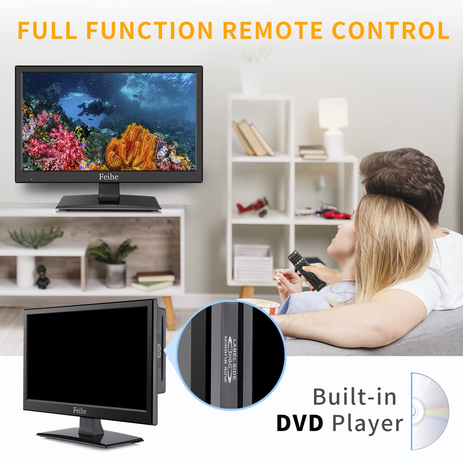 Feihe 15.6 Inch Flat Screen TV with DVD Player Built-in, Small TV-DVD Combo w/ATSC Tuner/HDMI/USB/AV/VGA Input, Watch Television Anywhere for Kitchen Bedroom RV Camper Truck Caravan Boat