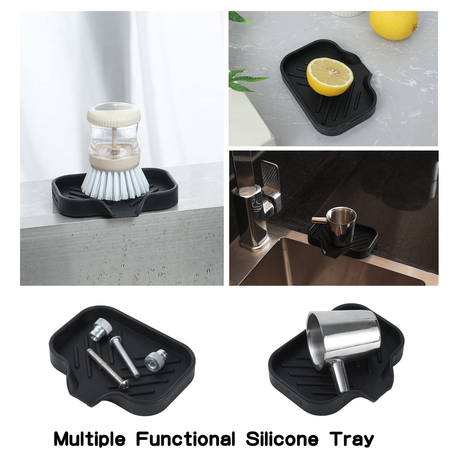 MicoYang Silicone Bathroom Soap Dishes with Drain Spout-Bathroom and Kitchen Sink Organizer,Sponge Holder,Dish Soap Tray,Perfect for Dispenser,Scrubber,Bottle,Cup on Sink or Counter-Black 4.9"×3.2"