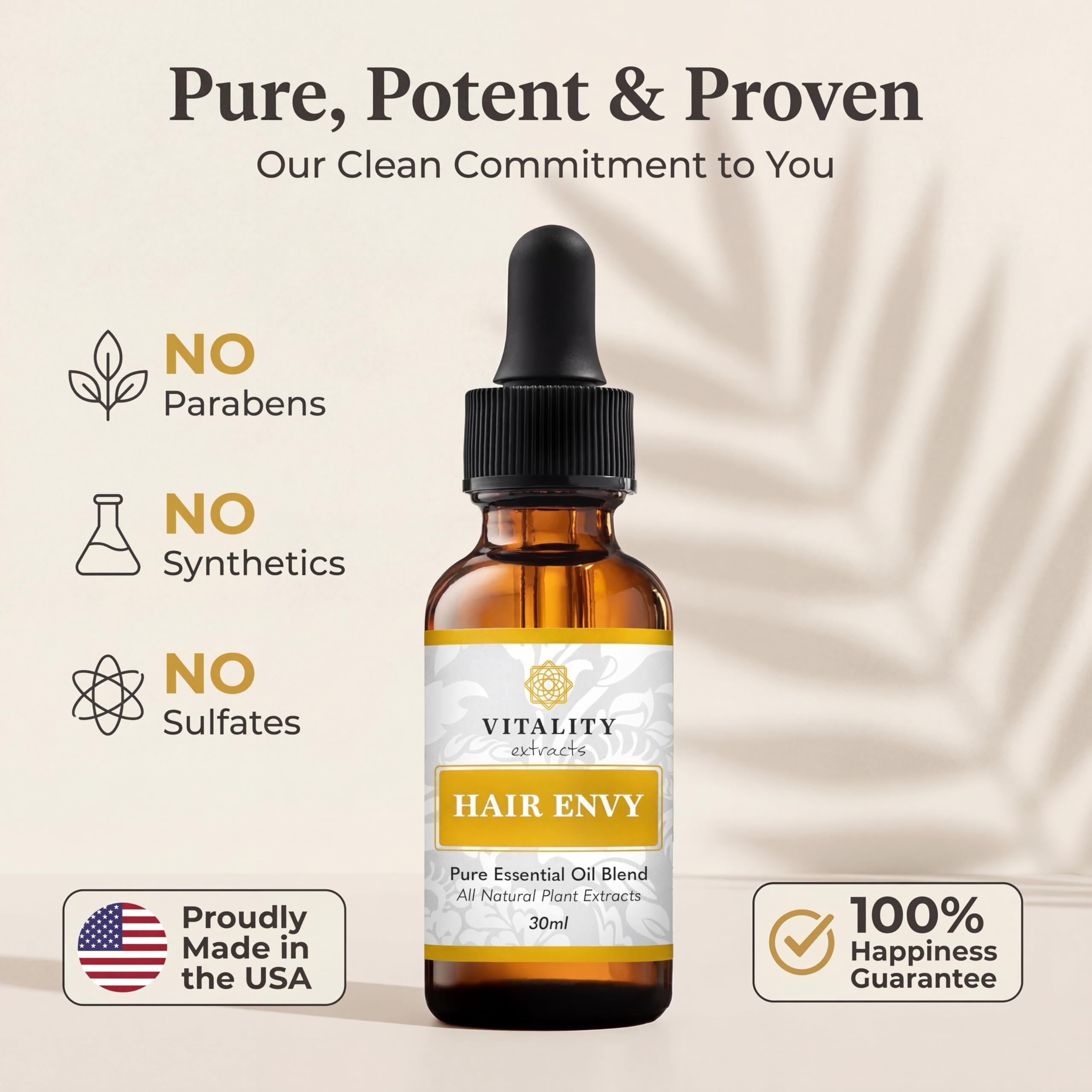 Vitality Extracts Hair Envy - Natural Hair Growth Serum - 100% Pure Essential Oils, 15 Plant Extracts, No Synthetics, No Parabens - Strengthen Hair, Minimize Breakage, Stimulate Follicles