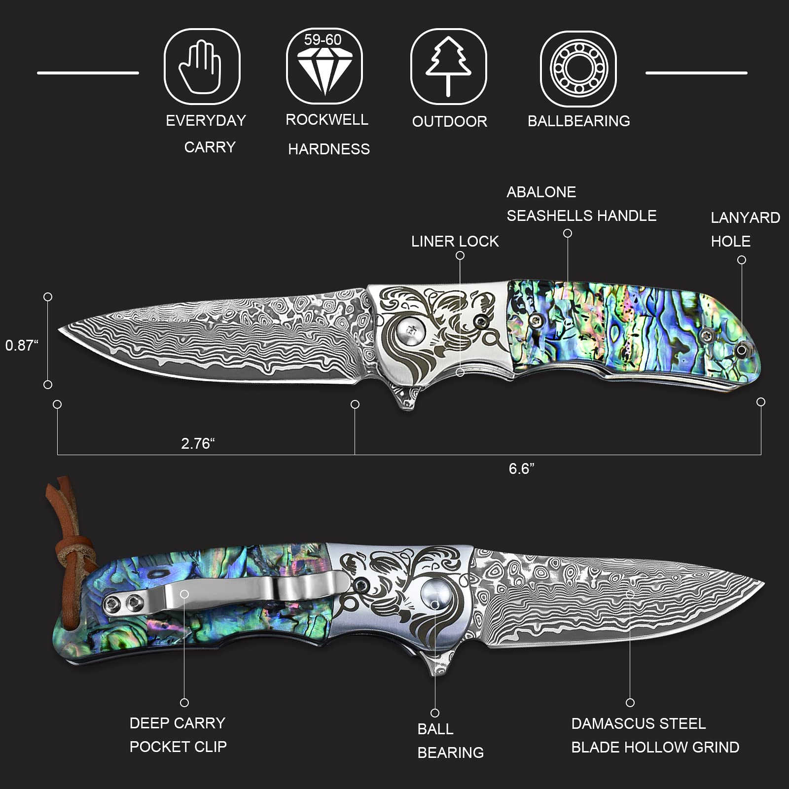 AUBEY EDC Damascus Pocket Knife with Leather Sheath, Abalone Shells Handle, Handmade Damascus Steel Folding Knives with Clip for Everyday Carry, Excellent Gifts for Men Women Hunting