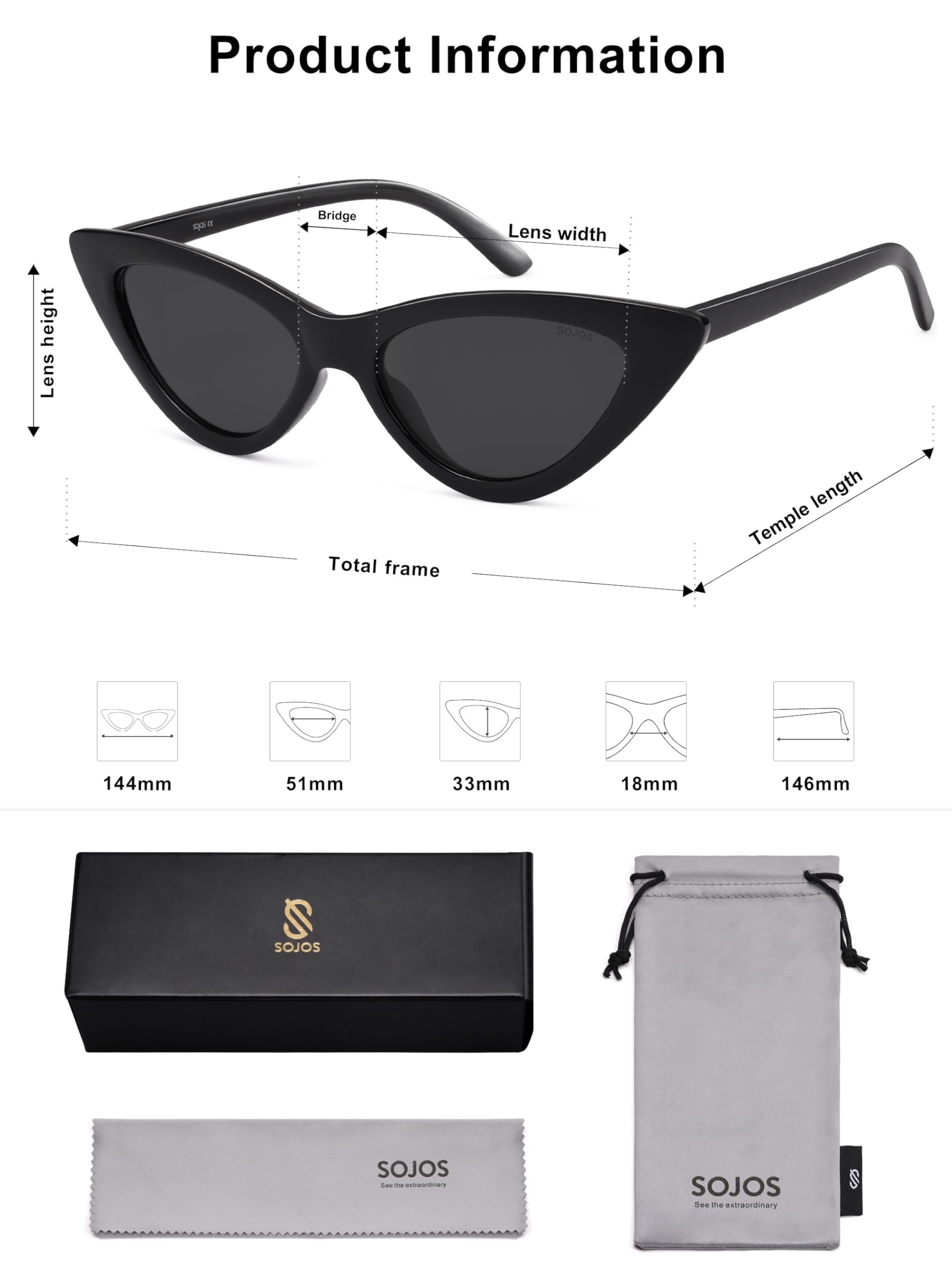 SOJOS Retro Vintage Narrow Cat Eye Sunglasses for Women Clout Goggles Plastic Frame SJ2044 with Black Frame/Grey Lens