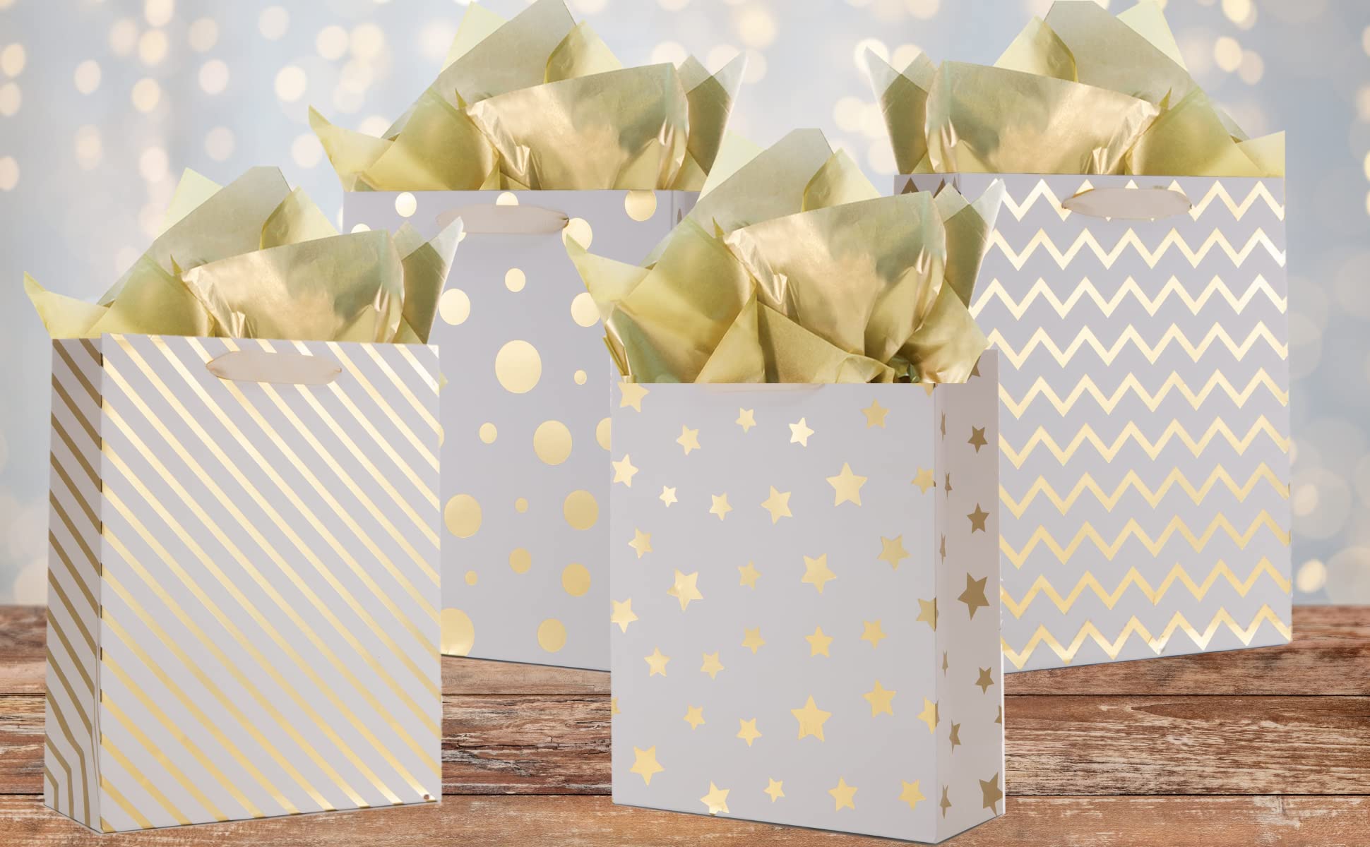 UNIQOOO 12Pcs Metallic Gold Christmas Gift Bags Bulk with 12 Sheets Gold Tissue Paper, Large 12.5 Inch, Assorted Modern Geometric Paper Gift Wrap Bag, For Holiday Birthday Wedding Gift Packaging Decor