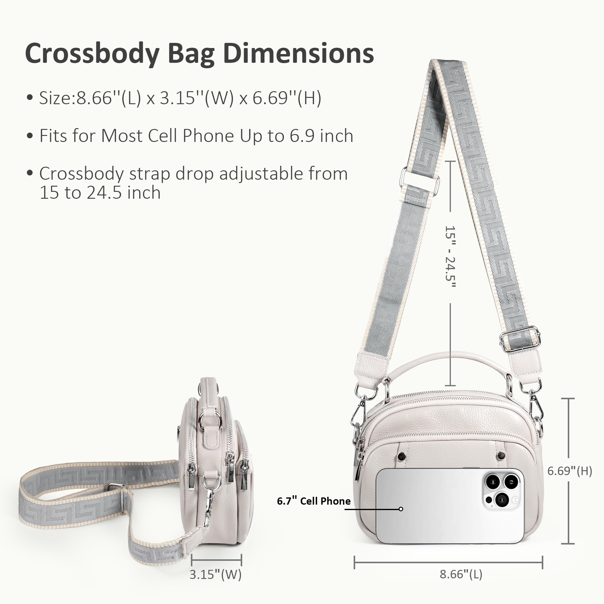 befen Genuine Leather Small Crossbody Purses Bag for Women, Women's Triple Zip Satchel Shoulder Bags Handbags with Wide Strap Beige Grey