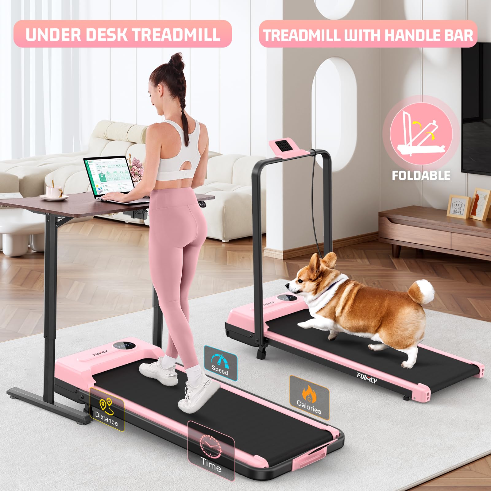 FUNMILY Foldable Walking Pad with Handle Bar, 4 in 1 Under Desk Treadmill with Incline, 2025 Upgraded Smart Folding Treadmill for Home/Office, Ultra-Quiet