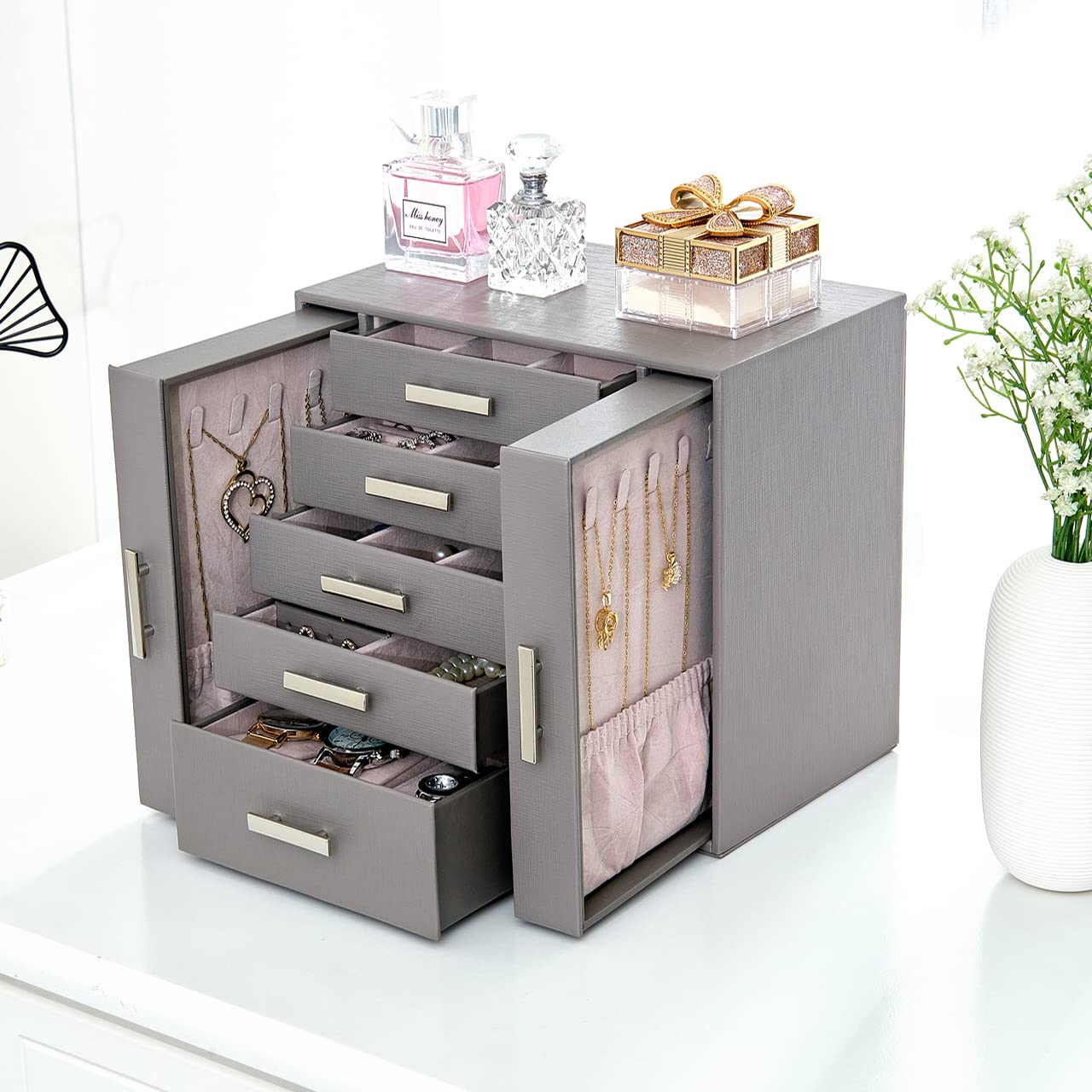 ANWBROAD Jewelry Organizer Box, Jewelry Box for Necklace Earring Bracelet Ring, Leather Jewelry Holder All Jewelry in Different Categories Gift for Mother UJJB007H