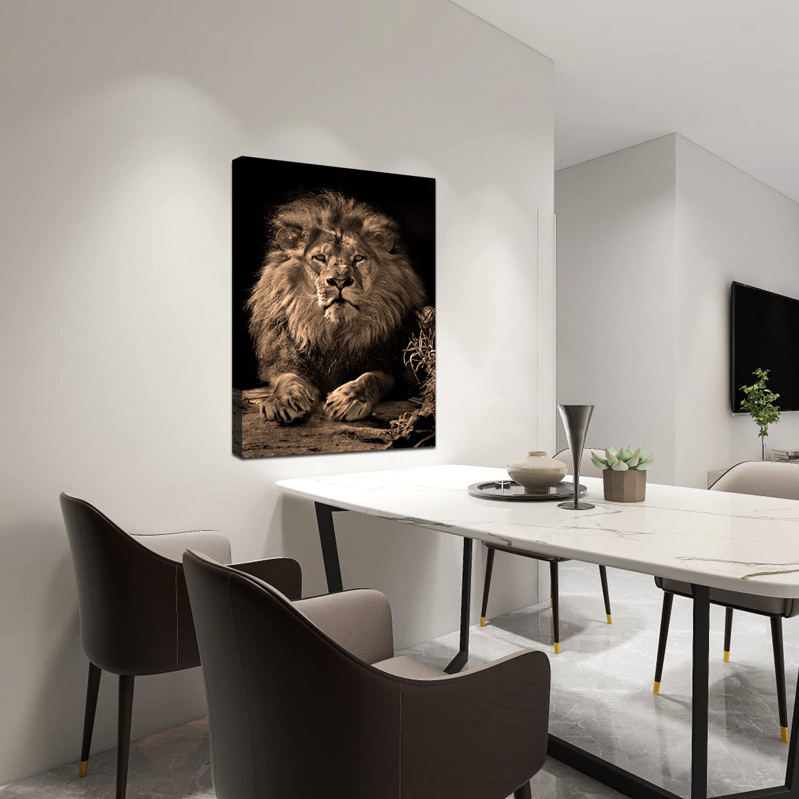 RnnJoile Lion Prints Wall Art Black and White Lion Portrait Painting Picture Powerful Animal Canvas Artwork for Mens Apartment Bedroom Decorations Framed 24"x36"