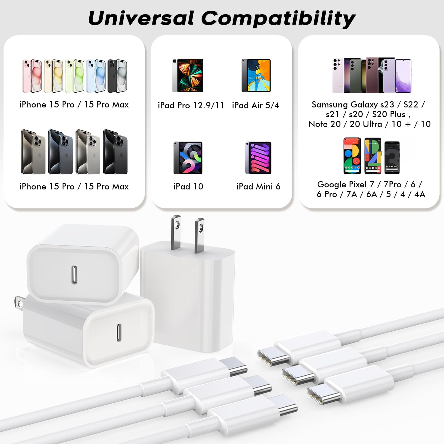 Fast USB C Charger Block,3Pack Long 6FT USB C to USB C Cable iPad Cord 20W iPhone 15 Charger Fast Charging for iPhone 15/15 Pro/Pro Max/Plus,iPad 10th,iPad Air 5/4th,iPad Mini 6th,iPad Pro 12.9/11inch